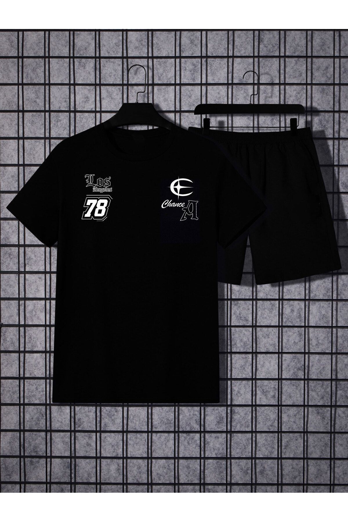 Boi Los Angeles A 78 T-Shirt Şort - Siyah Şortlu Tişört Alt Üst Takım Baskılı Bisiklet Yaka