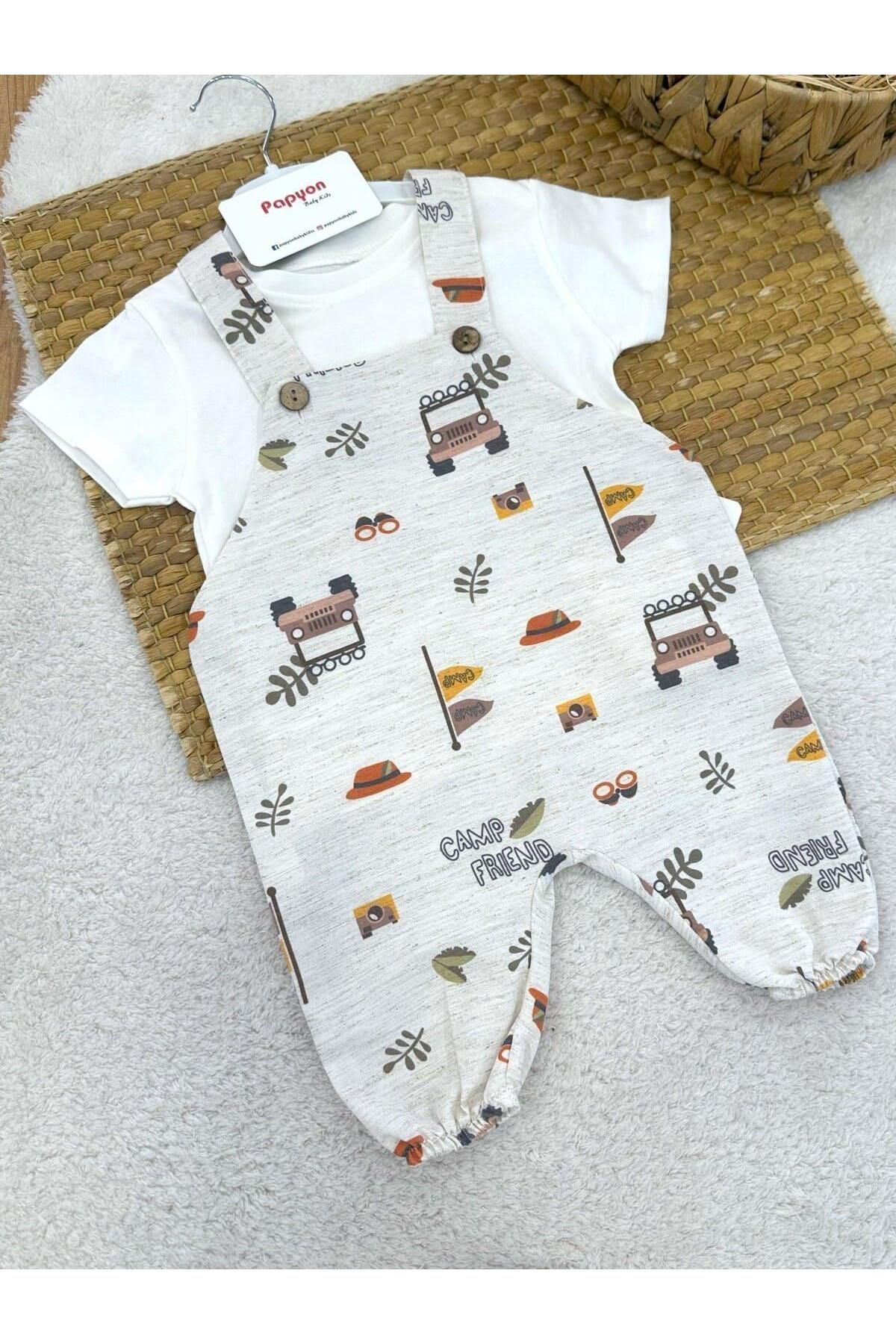 Papyon Baby Kids Düz Badili Kamp Friend Baskılı Salopet Erkek Bebek 2li Takım (3-6/6-9/9-12 Ay)