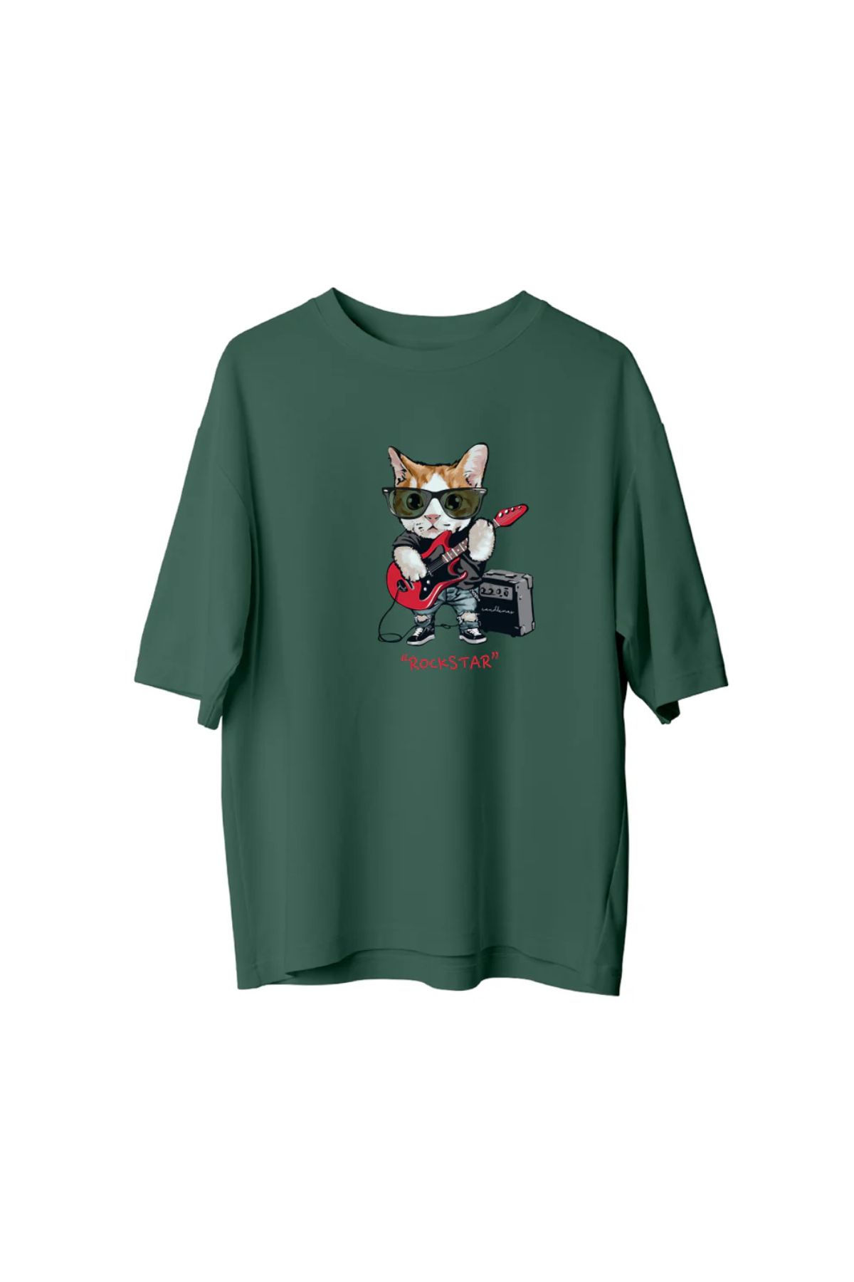 Koklonmoda Unisex Gitarist Kedi Baskılı Oversize T-Shirt
