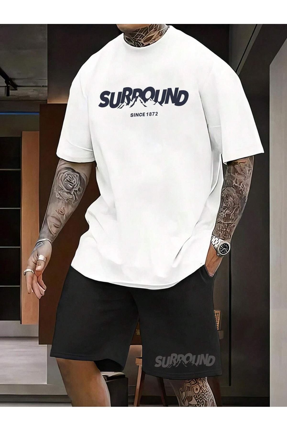 Boi Surround T-Shirt Şort - Beyaz Siyah Şortlu Tişört Alt Üst Takım Baskılı Bisiklet Yaka