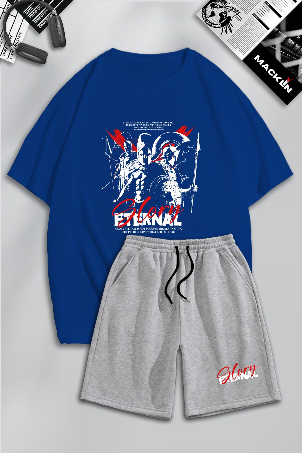 Boi Sax Mavi Gri Eternal Glory T-Shirt Şort Kombin Takım - Baskılı Oversize Bisiklet Yaka