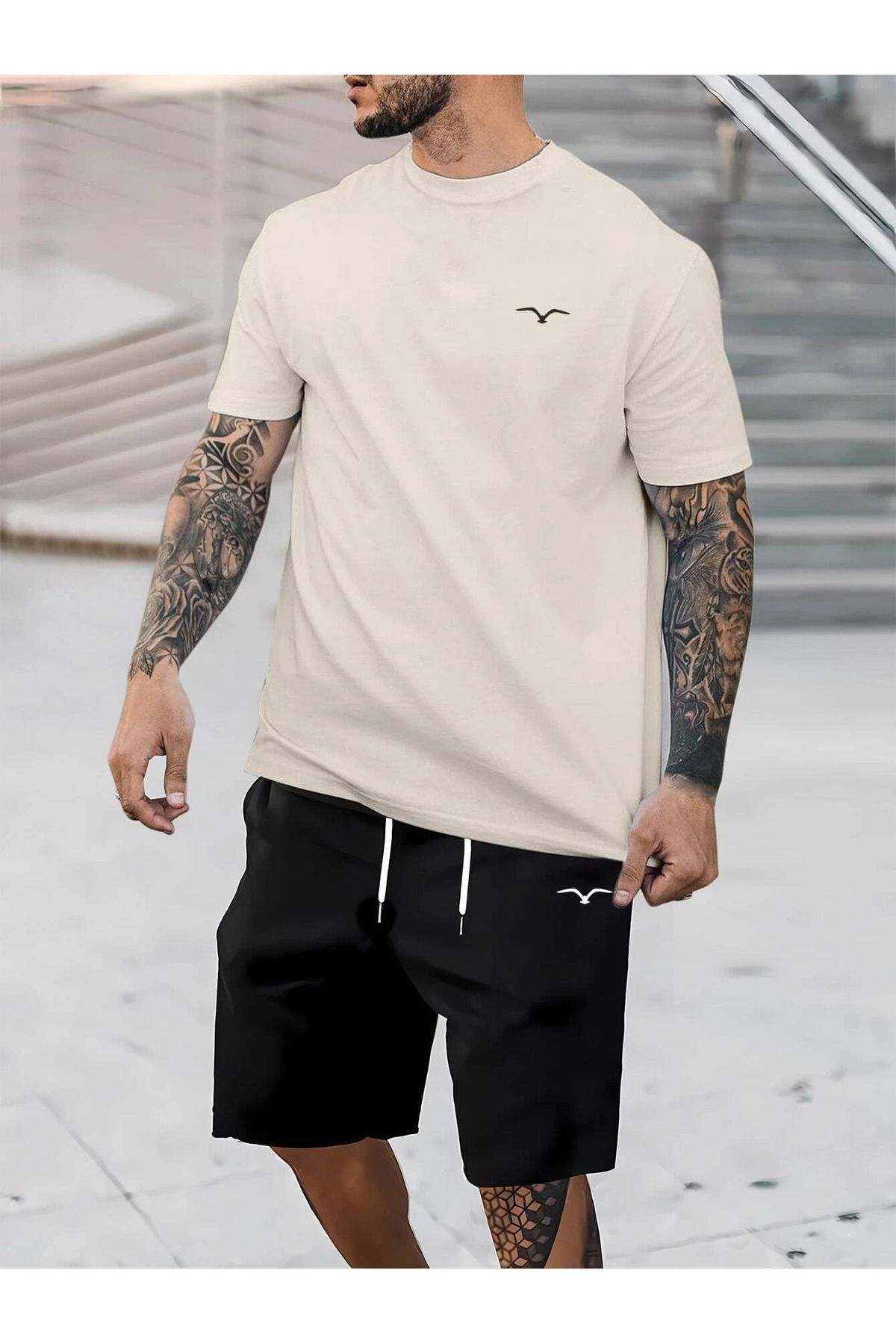 Boi Minimal Kuş T-Shirt Şort - Bej Siyah Şortlu Tişört Alt Üst Takım Baskılı Bisiklet Yaka