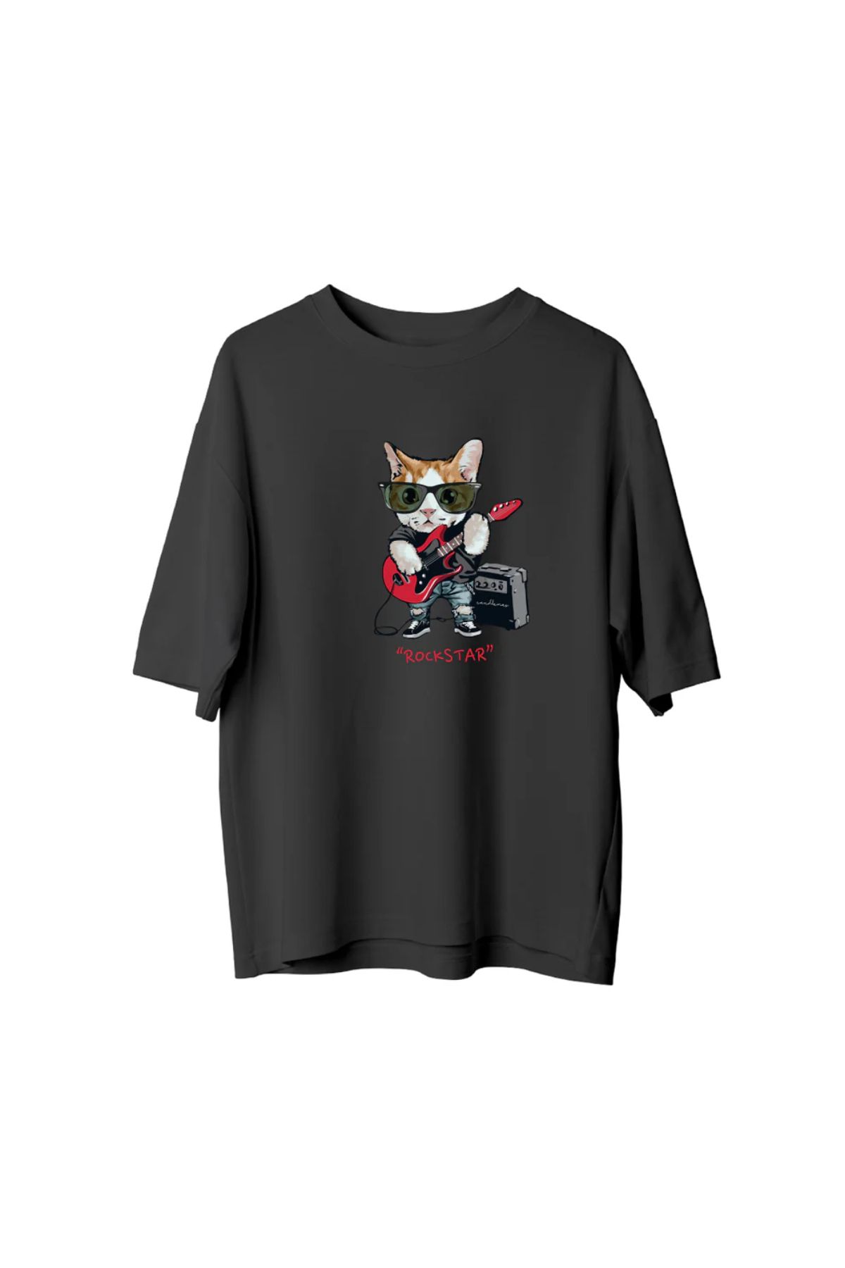 Koklonmoda Büyük Beden Unisex Gitarist Kedi Baskılı Oversize T-Shirt