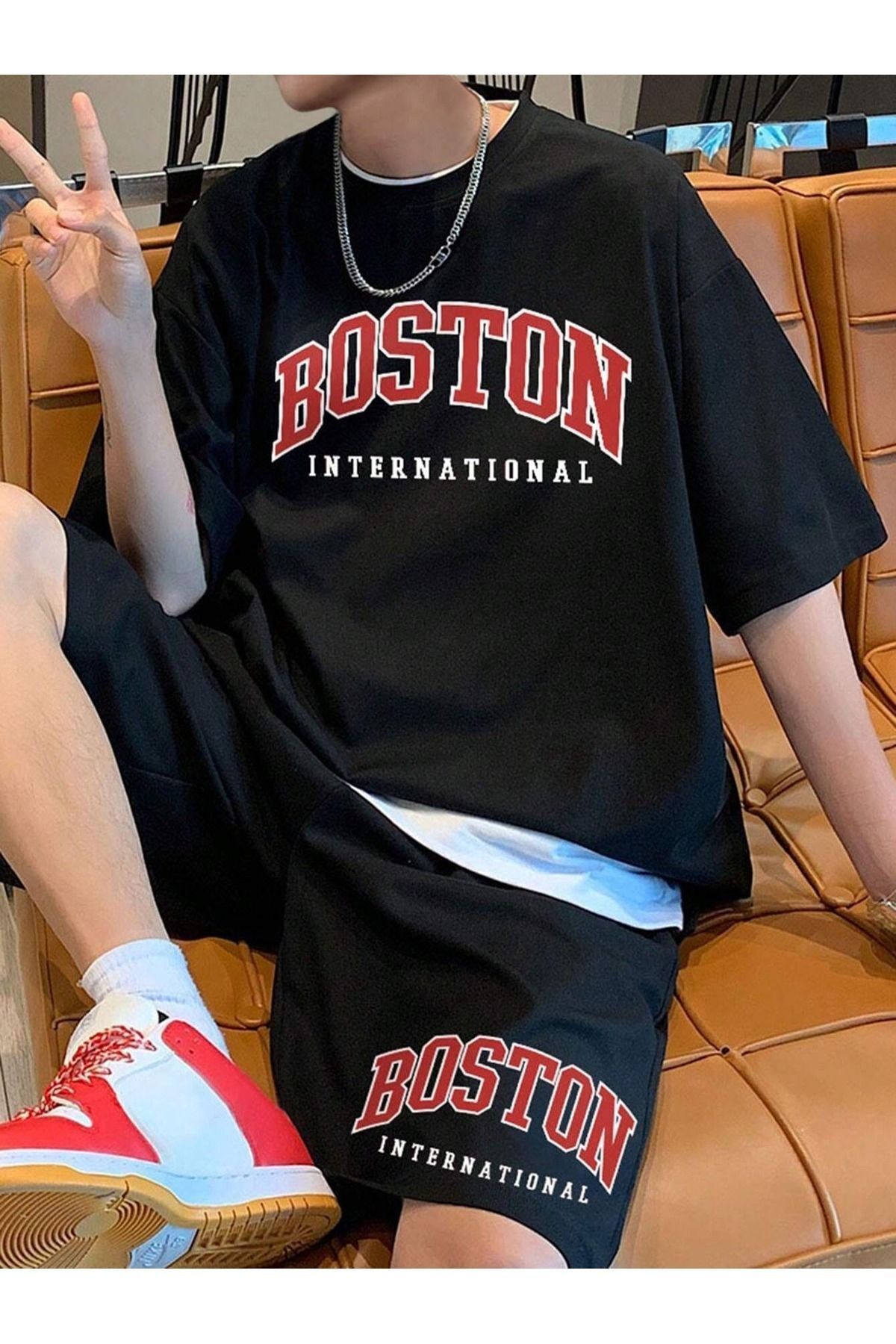 Boi Boston International T-Shirt Şort Kombin Takım - Siyah Baskılı Oversize Bisiklet Yaka