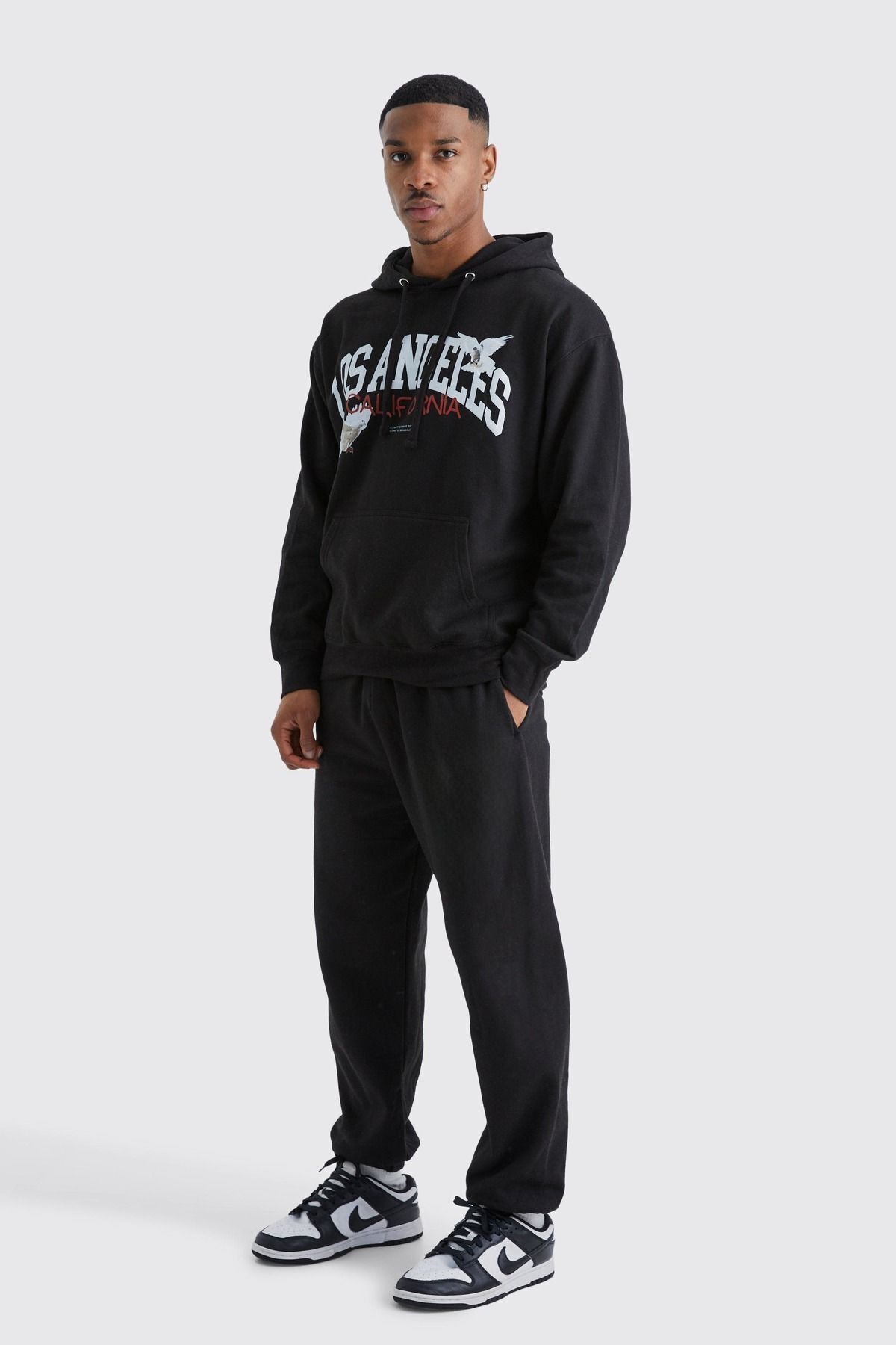 Boi Los Angeles Eagle Eşofman Takımı - Siyah Baskılı Takım Jogger Sweatshirt Lastik Paça Kapüşonlu
