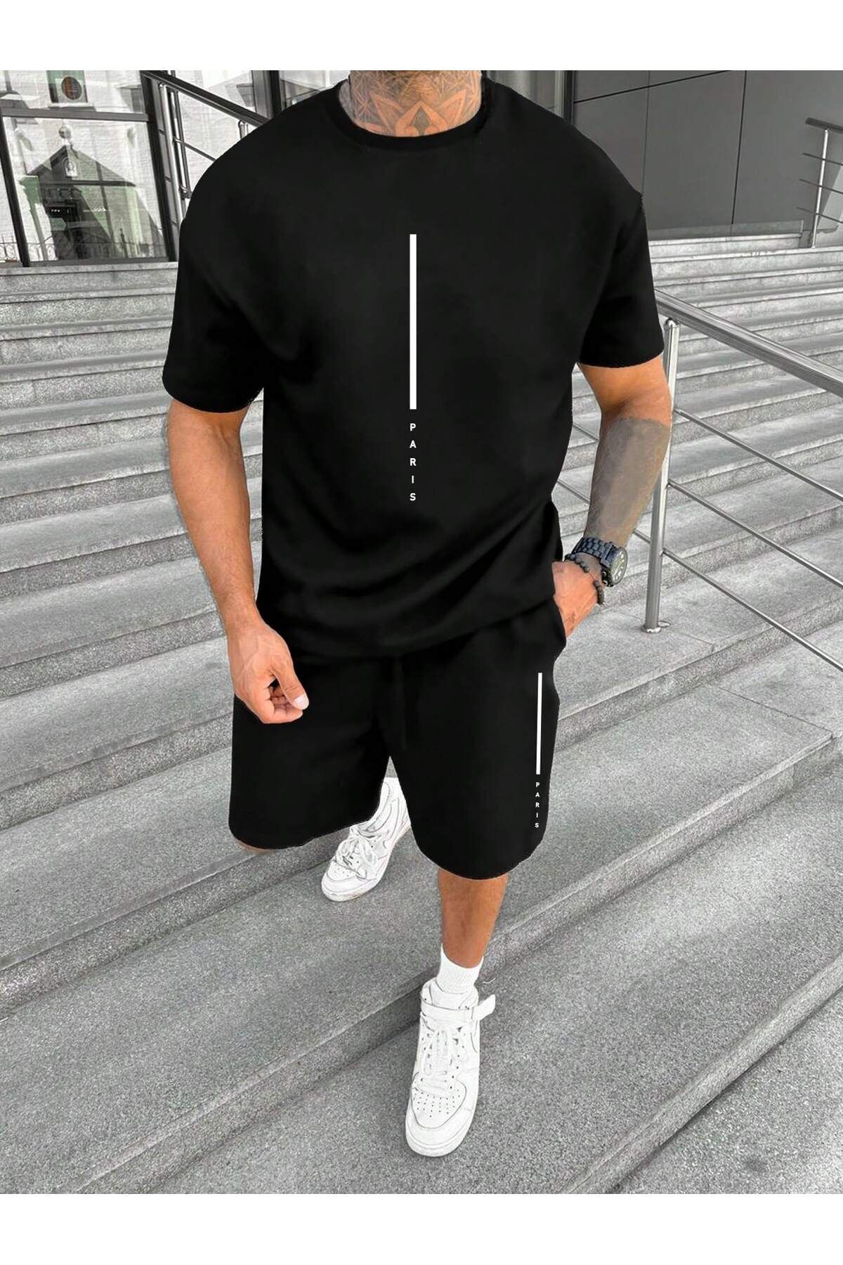 Boi Dikey Paris T-Shirt Şort - Siyah Şortlu Tişört Alt Üst Takım Baskılı Bisiklet Yaka