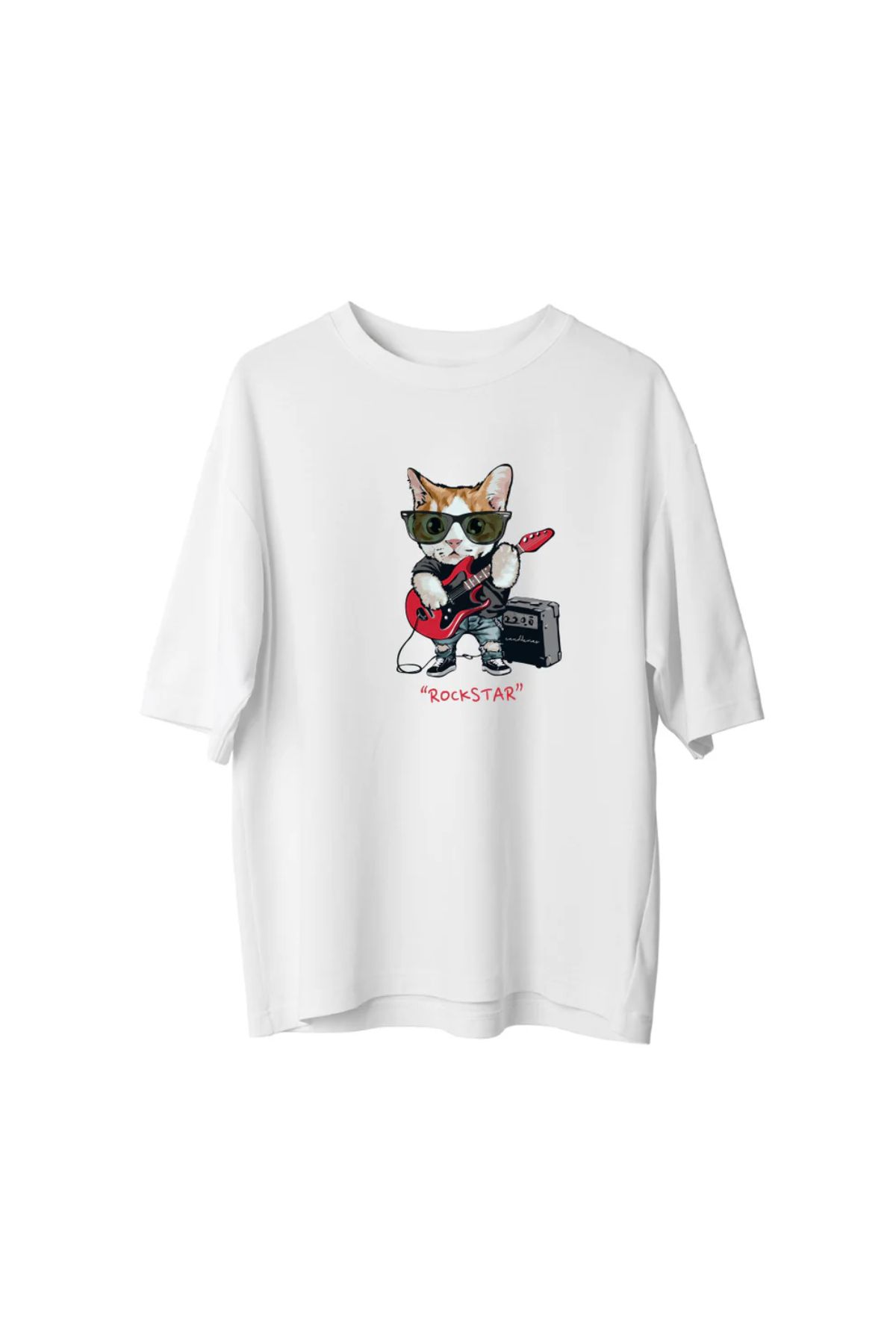 Koklonmoda Unisex Gitarist Kedi Baskılı Oversize T-Shirt