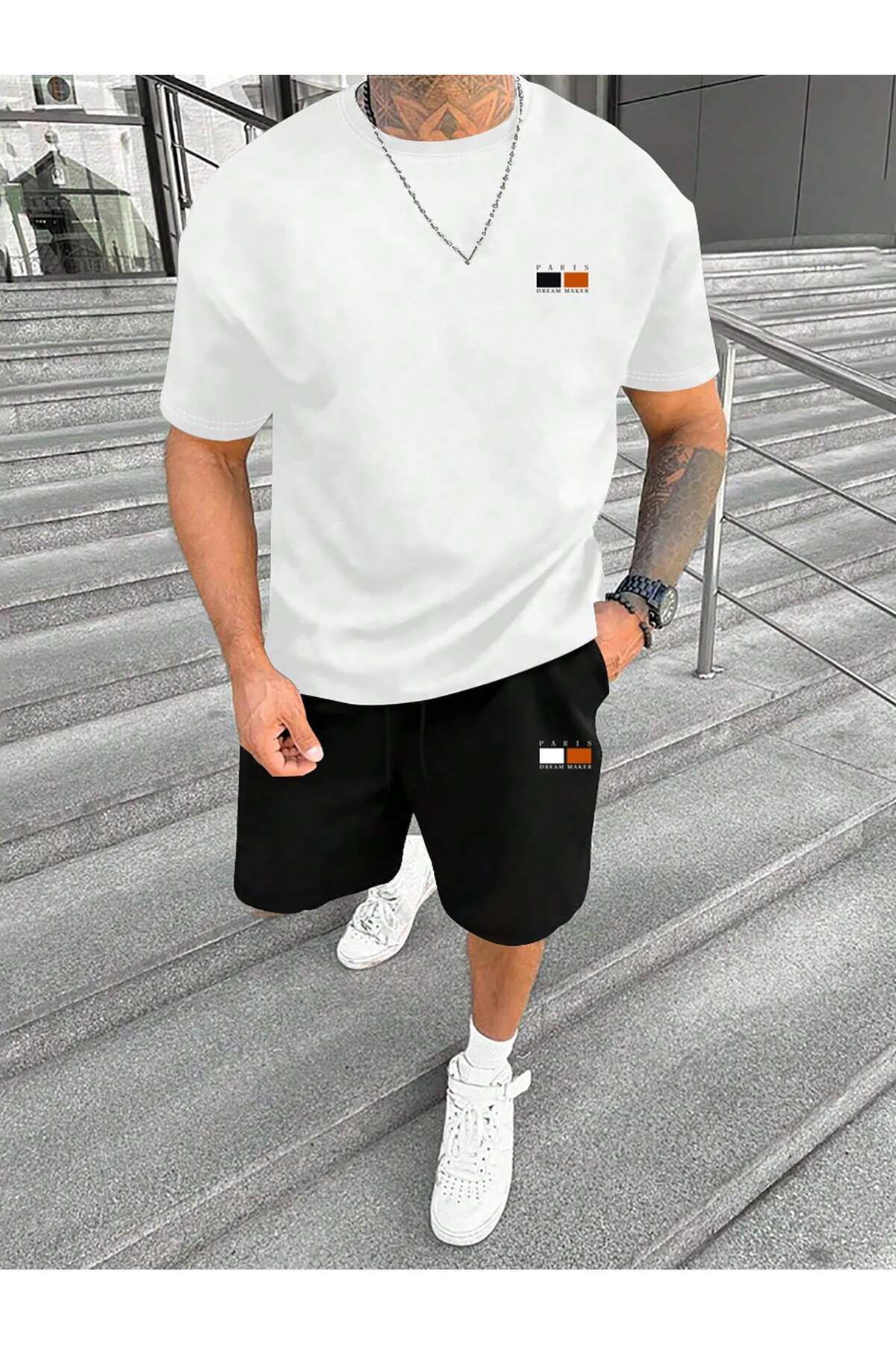 Boi Paris Dream Maker T-Shirt Şort - Beyaz Siyah Şortlu Tişört Alt Üst Takım Baskılı Bisiklet Yaka