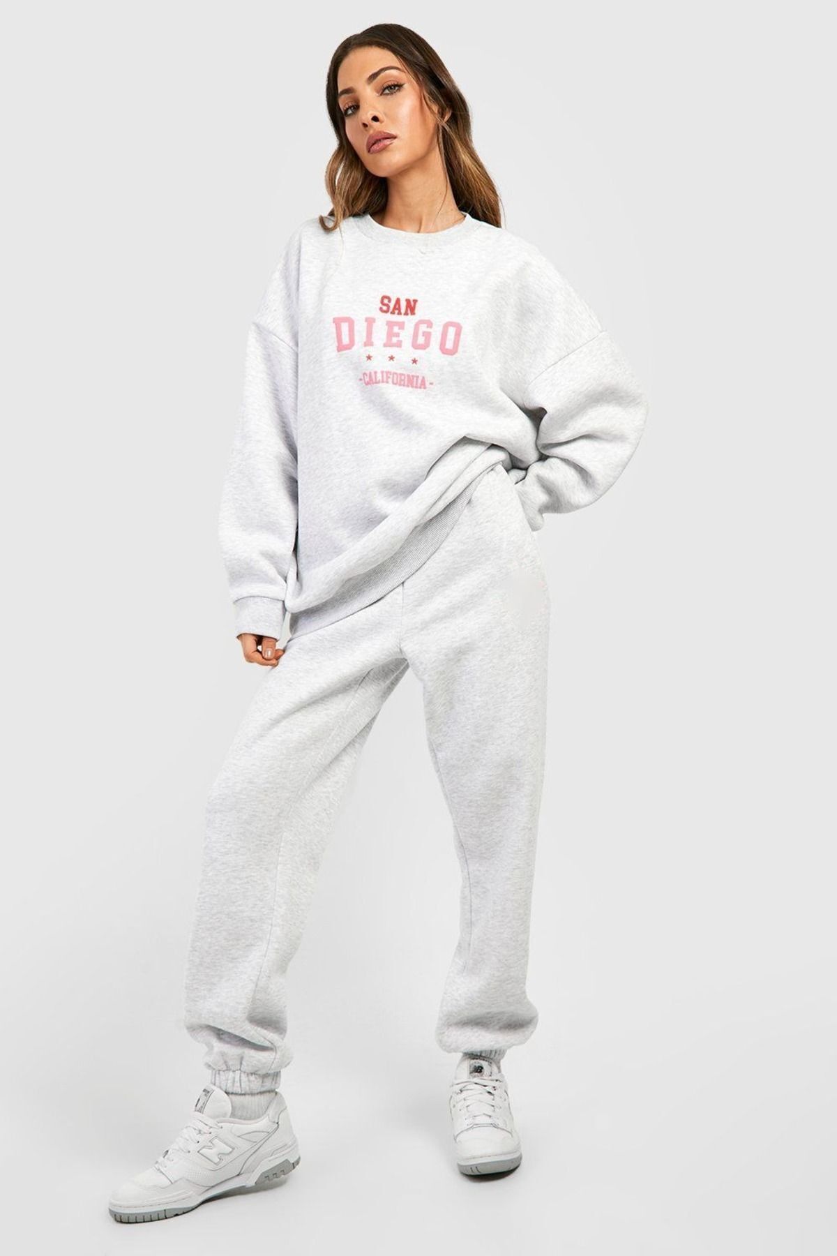 Boi San Diego California Eşofman Takımı - Gri Baskılı Takım Jogger Sweatshirt Lastik Paça Bisiklet Yaka