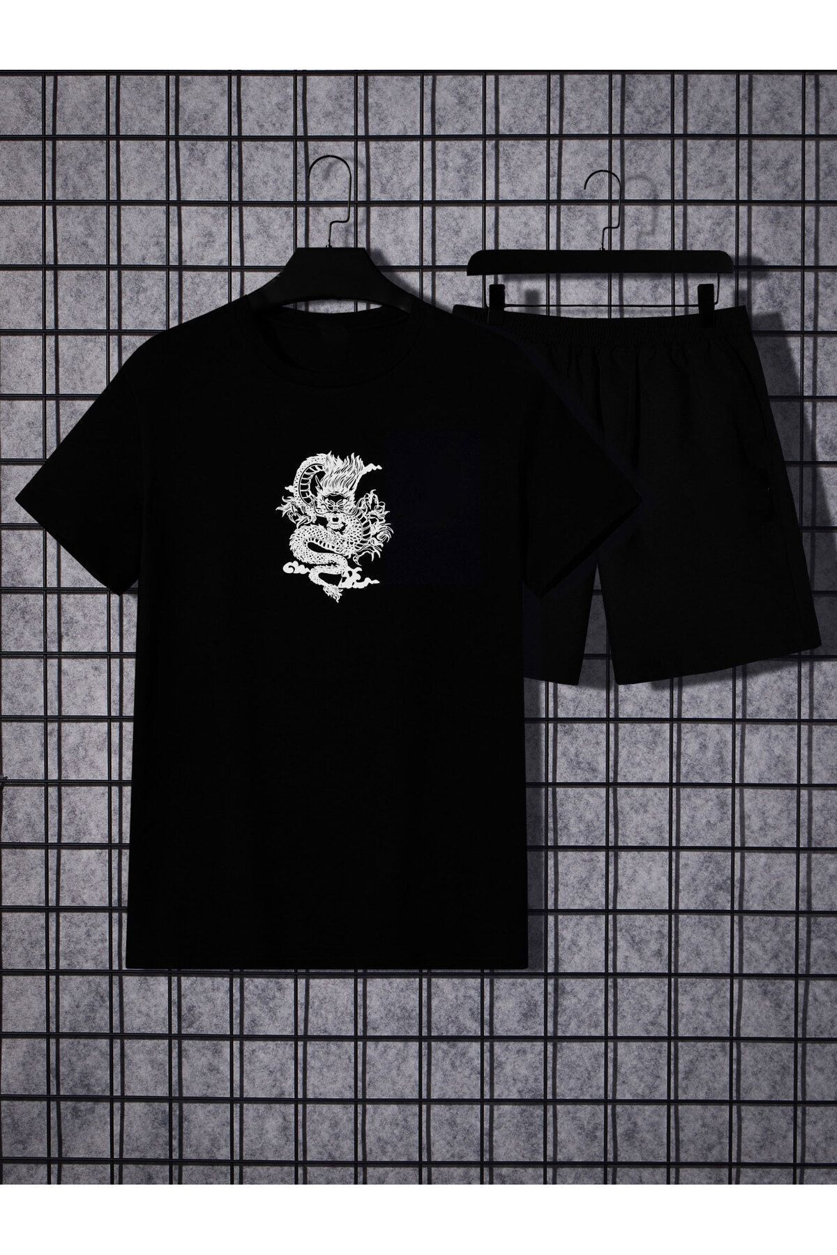 Boi Dragon T-Shirt Şort - Siyah Şortlu Tişört Alt Üst Takım Baskılı Bisiklet Yaka