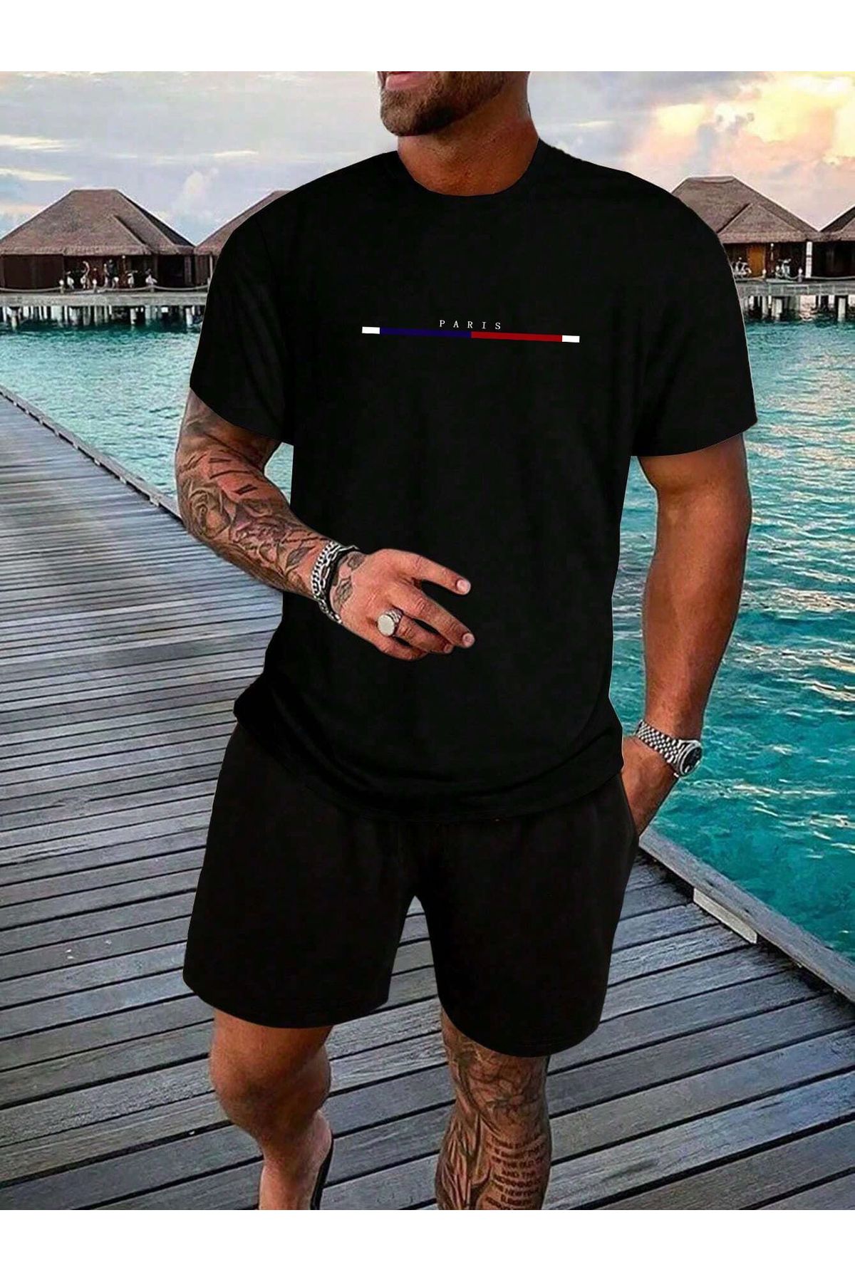 Boi Paris Yatay Çizgi T-Shirt Şort - Siyah Şortlu Tişört Alt Üst Takım Baskılı Bisiklet Yaka
