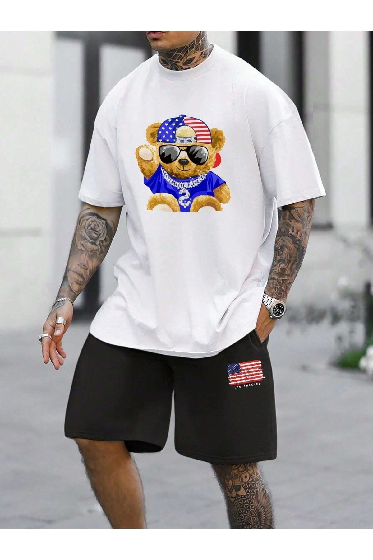 Boi American Bear T-Shirt Şort - Beyaz Siyah Şortlu Tişört Alt Üst Takım Baskılı Bisiklet Yaka