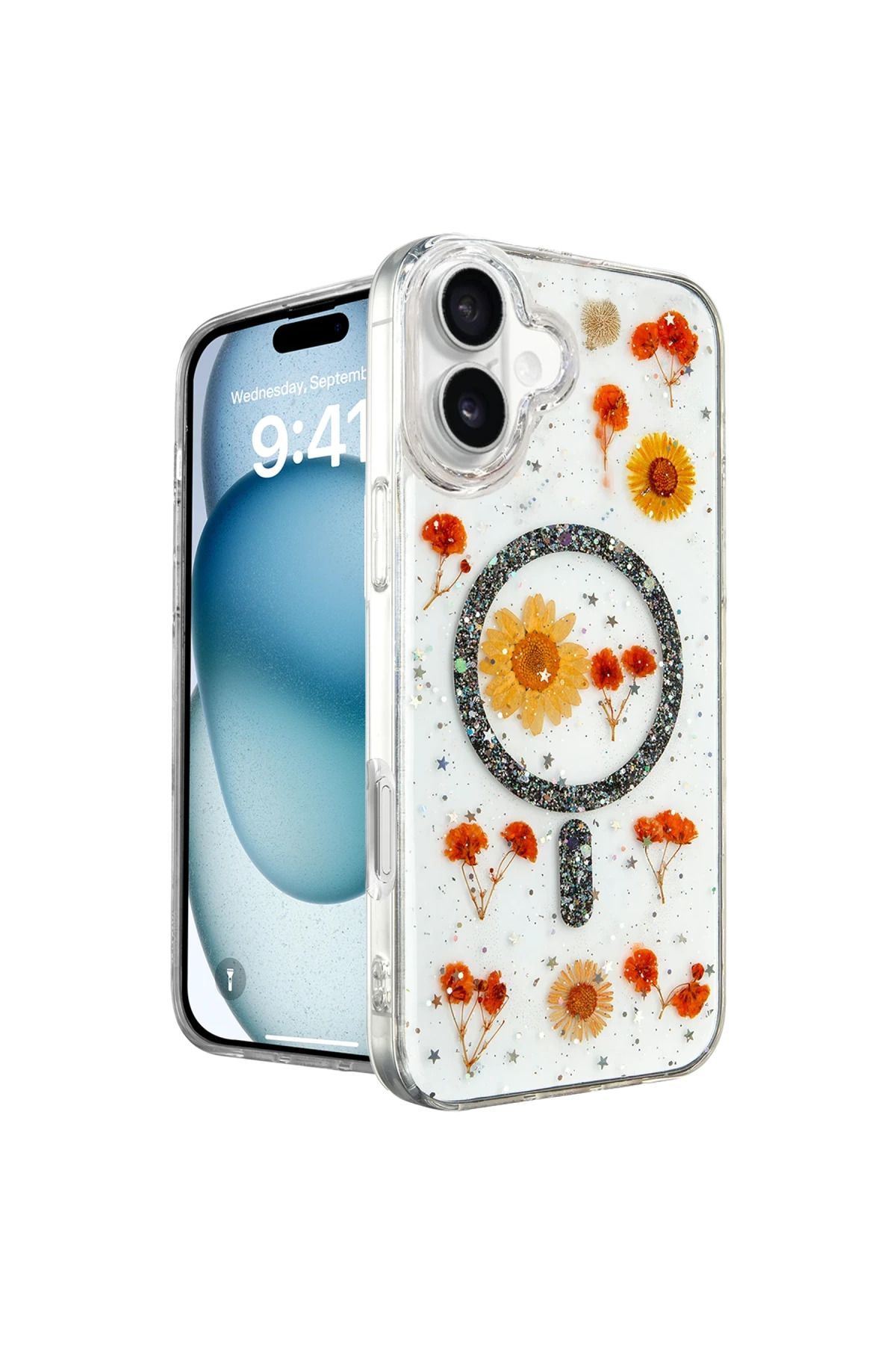 Toptan Bulurum iPhone 16 Kılıf Daisy Simli Magsafe Kapak - Siyah