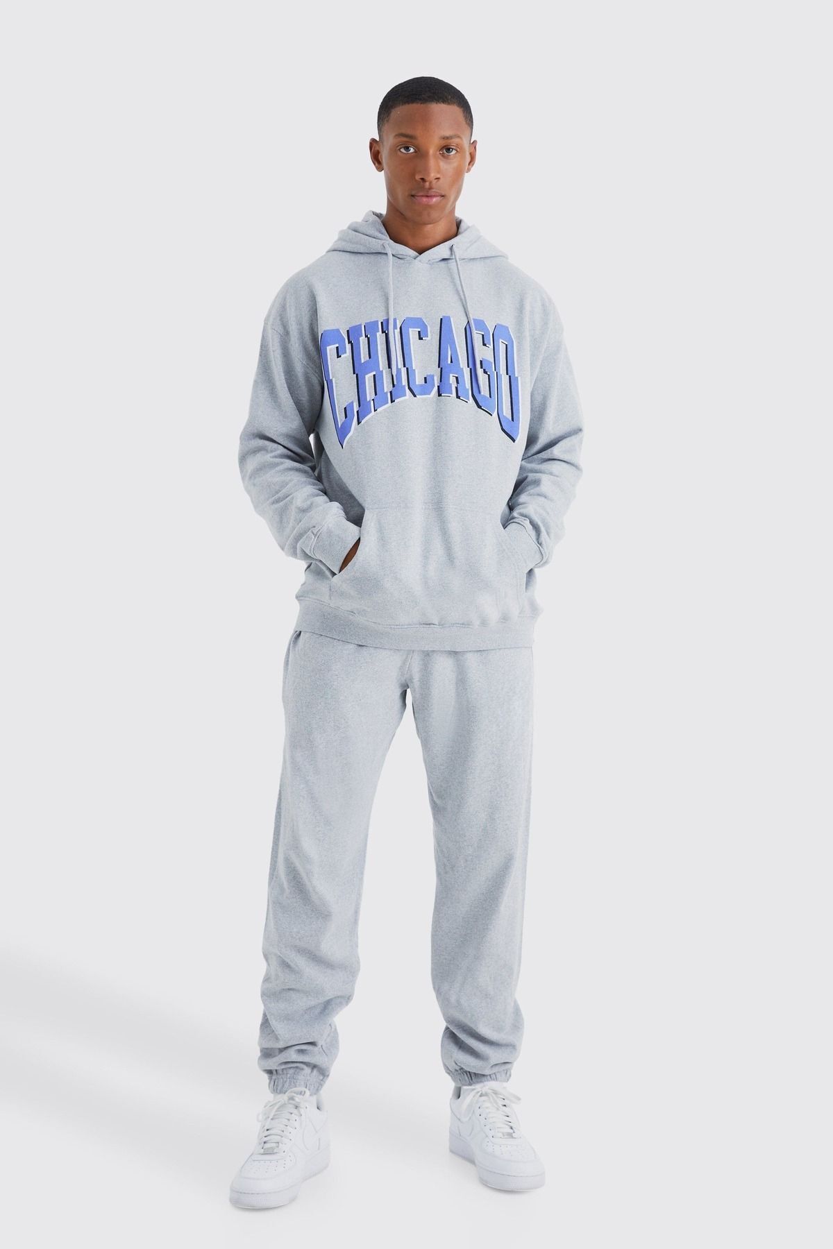 Boi Chicago Eşofman Takımı - Gri Baskılı Takım Jogger Sweatshirt Lastik Paça Kapüşonlu