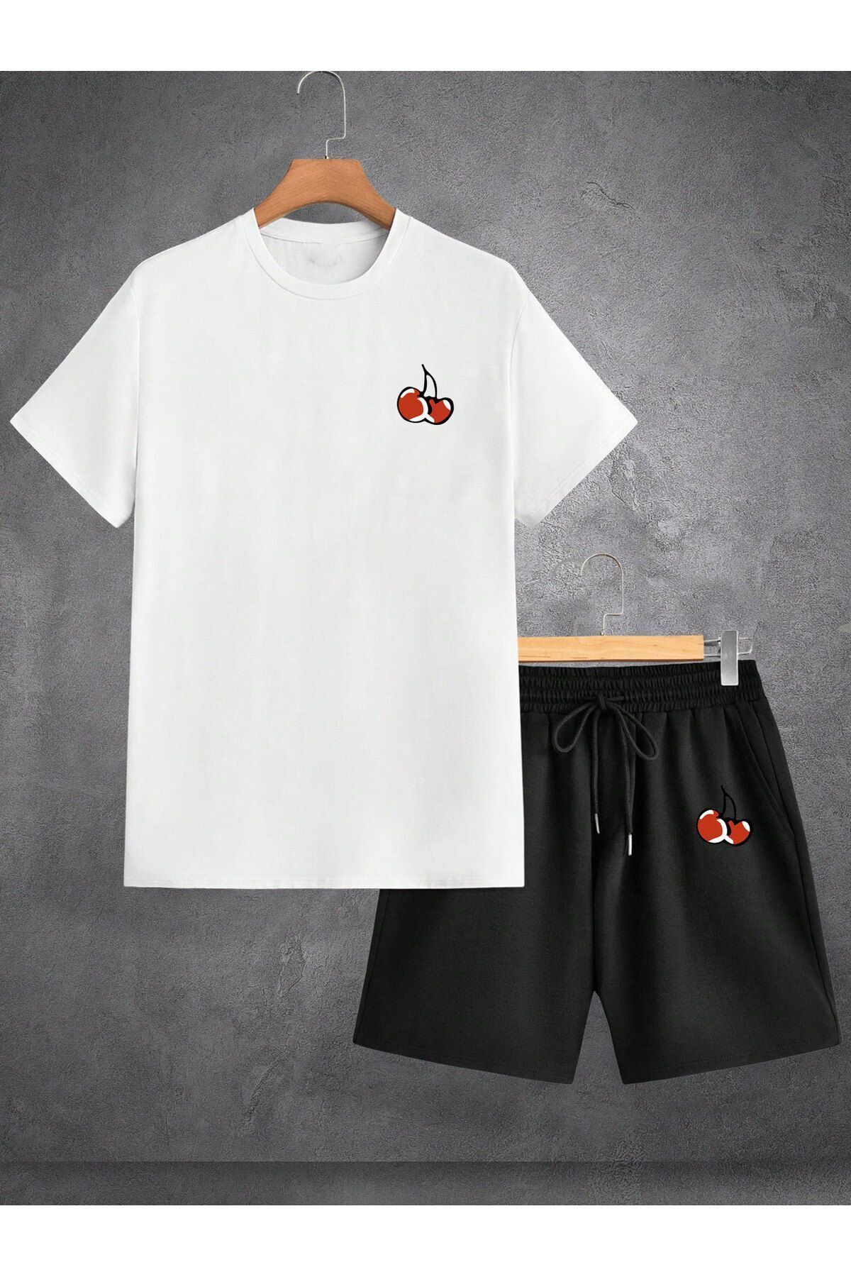 Boi Kiraz Desen T-Shirt Şort - Beyaz Siyah Şortlu Tişört Alt Üst Takım Baskılı Bisiklet Yaka