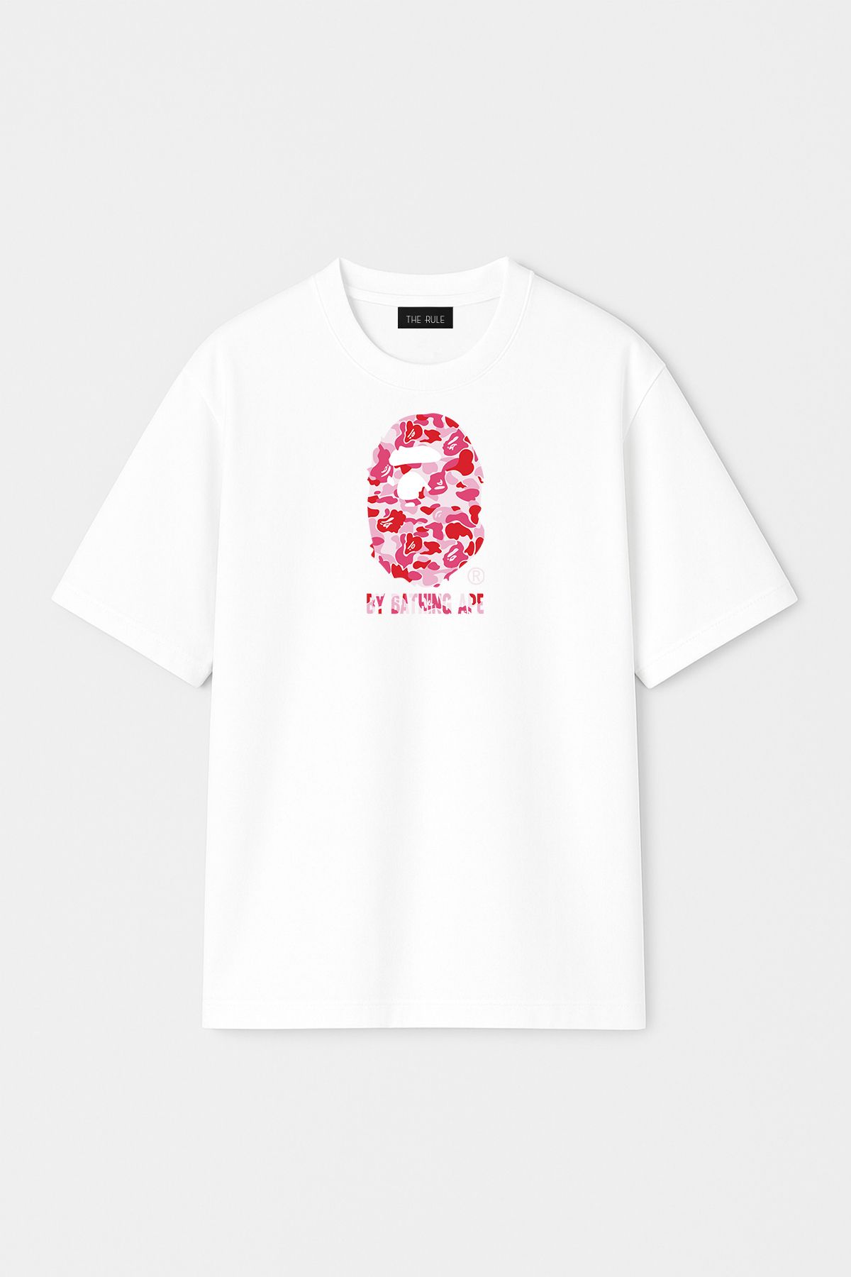 THE RULE Unisex Bathing Ape Baskılı Oversize %100 Pamuk Geniş Kesim Dokulu Bisiklet Yaka Beyaz T-Shirt RF0522