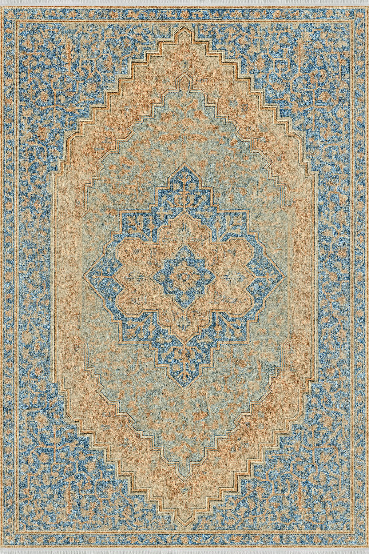 TNYLOF Mavi Bej Klasik Halı – Soft Renkli Vintage Tasarım | Kaymaz, Yıkanabilir, Evcil ve Bebek Dostu