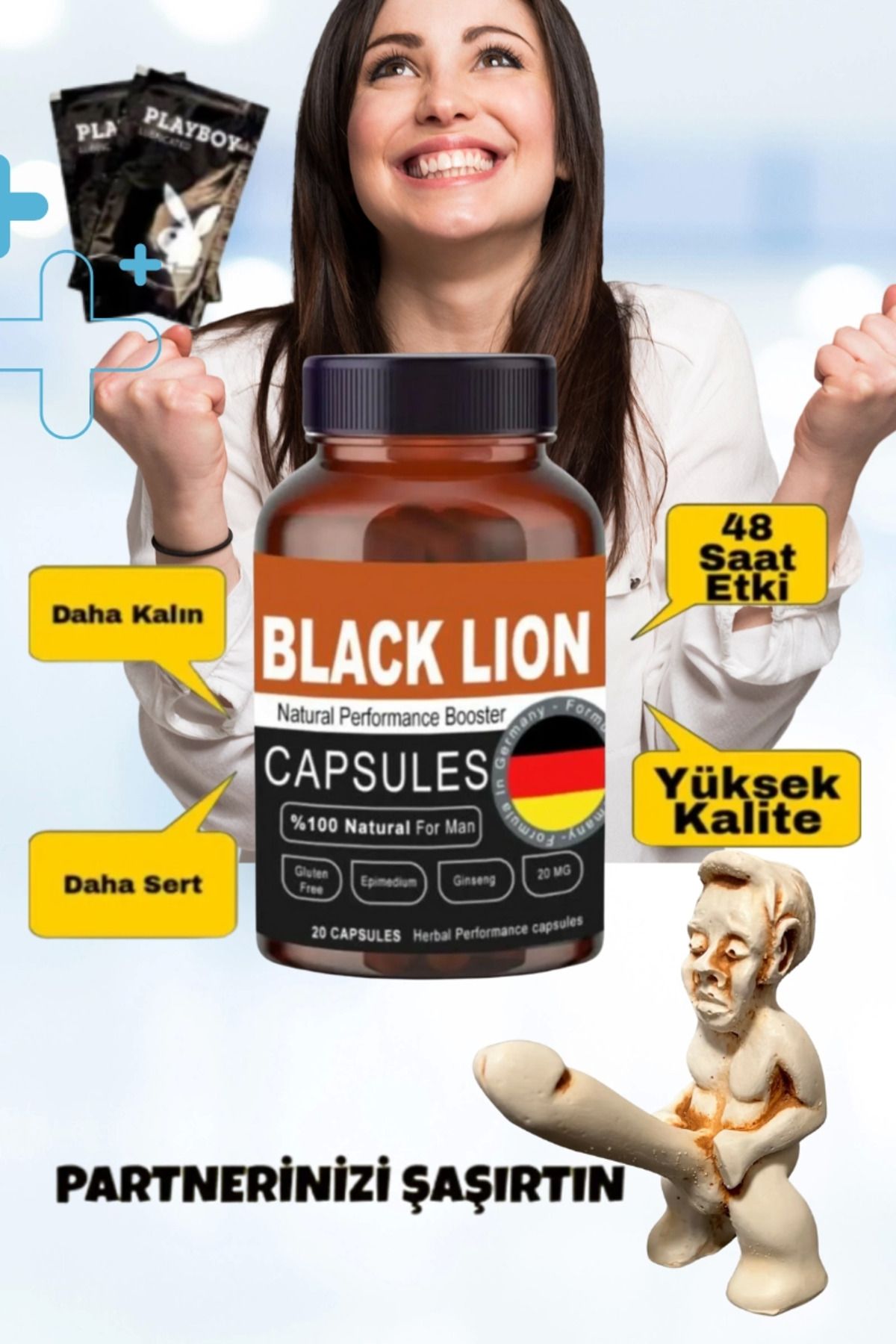 yusuftex Black Lion Men Booster Erkek Sertlik Takviyesi ve Kayganlaştırıcı Jel Seti