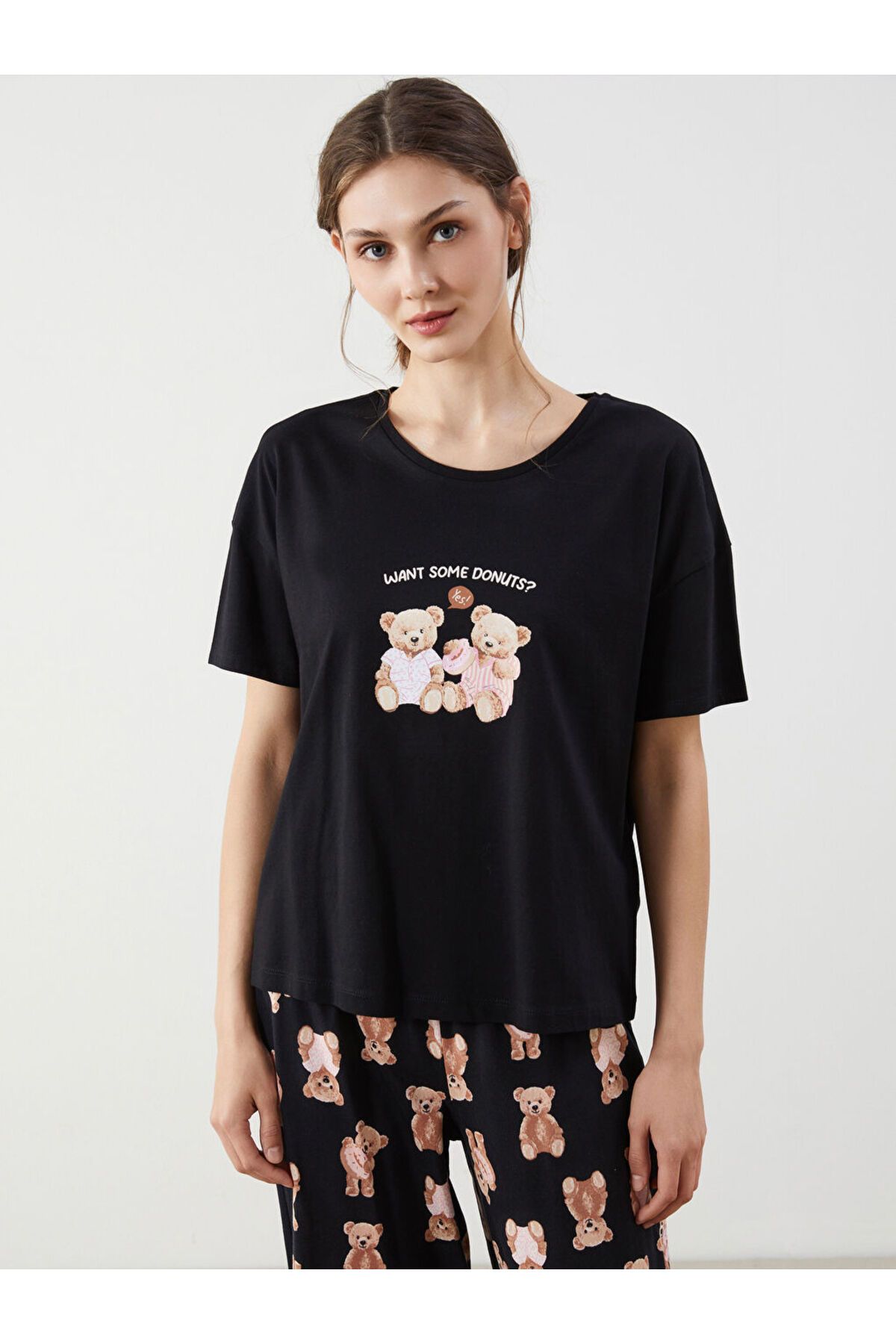 LC Waikiki Yeni Sezon Bisiklet Yaka Ayi Teddy Baskili Kadin Kaprili Pijama Takimi - S5GT24Z8