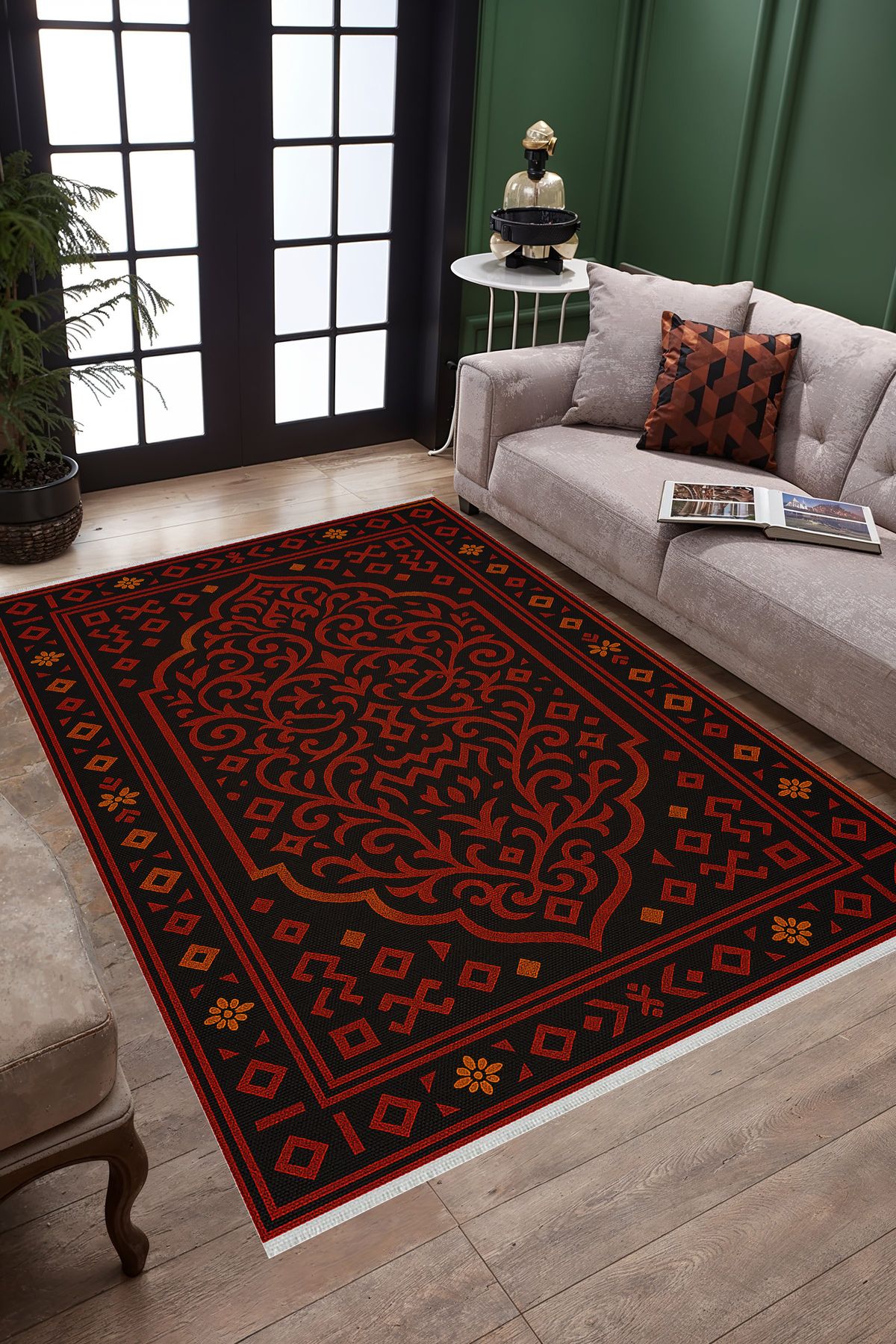 TNYLOF Siyah Zemin Kırmızı Geometrik Halı – Etnik Stil | Kaymaz Taban, Yıkanabilir, Evcil Dostu