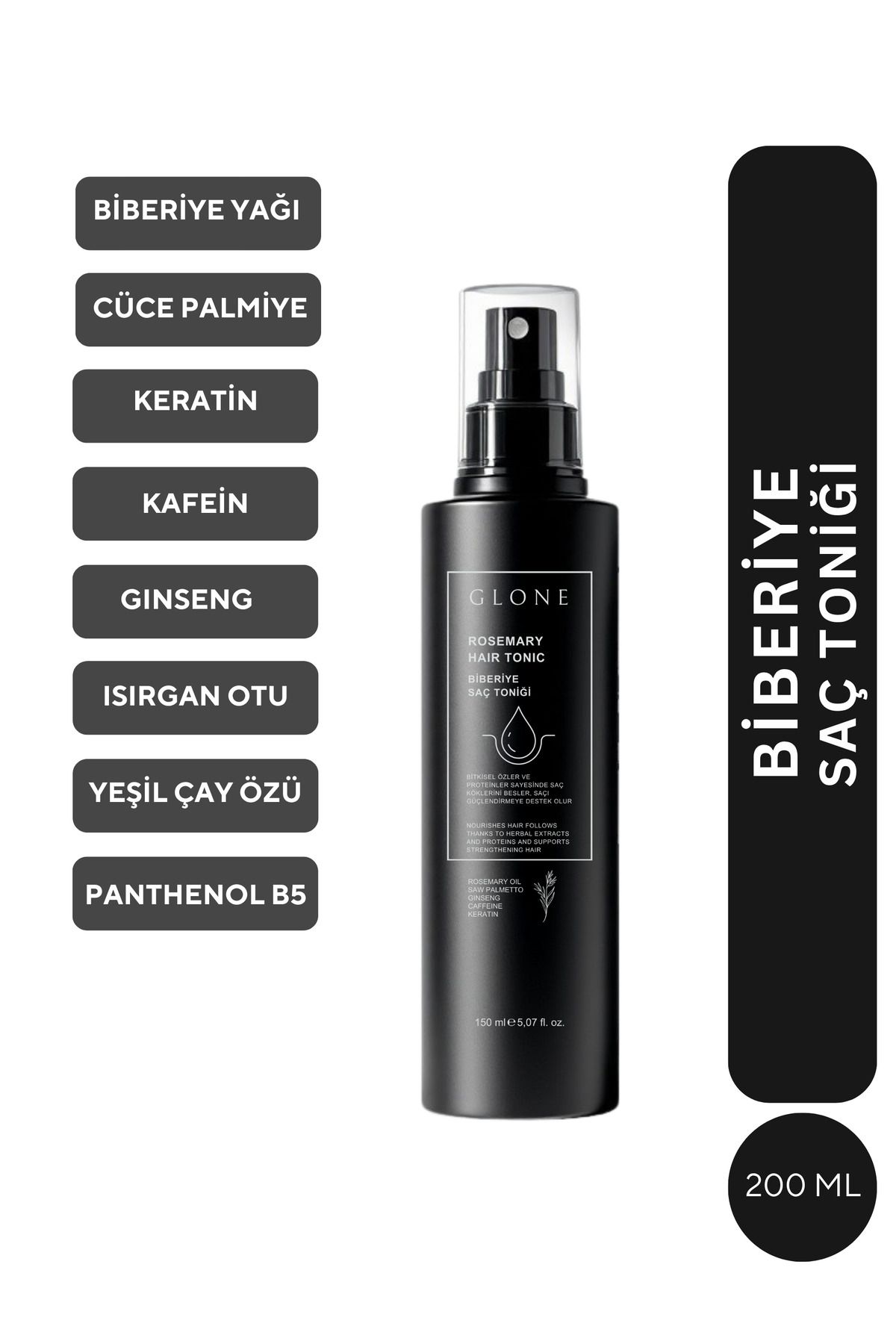 GLONE Biberiye Saç Toniği 150ml: Cüce Palmiye, Ginseng, Keratin & Kafein ile Dökülme karşıtı ve Onarımı