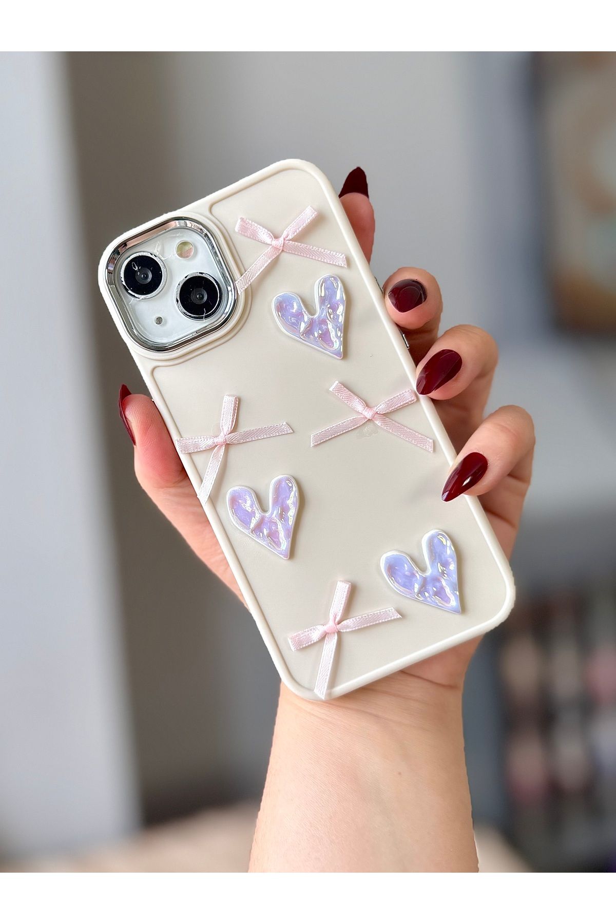 MirazTasarim IPHONE 14 3D FİYONK DEKORLU EKRU KILIF