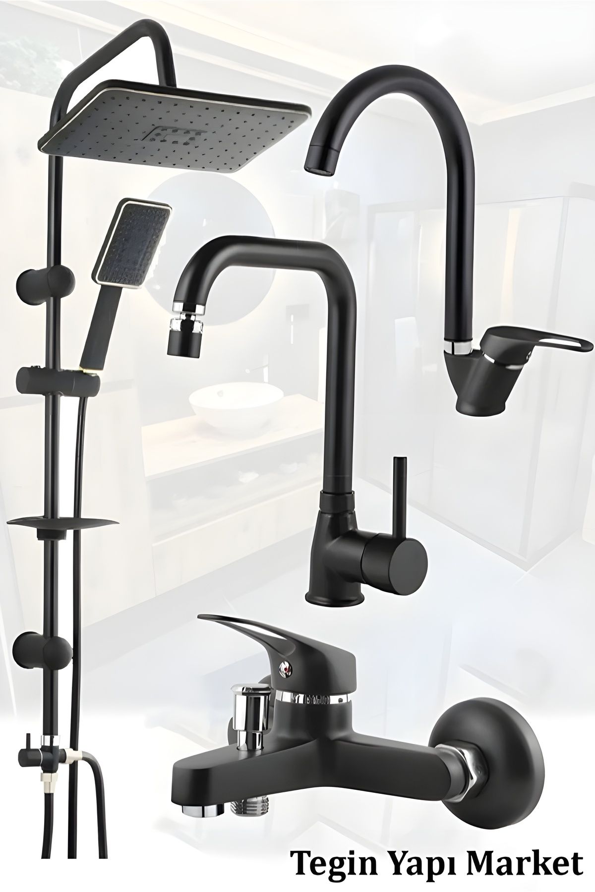Tegin Yapı Market Siyah Robot Siyah Tepe Yağmurlama Duş Seti Mutfak Banyo Lavabo Bataryası Set