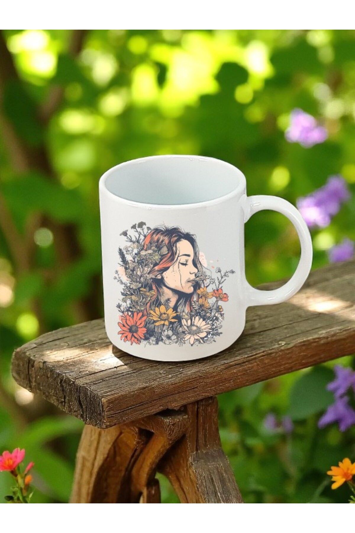lili hediyelik Çiçekler ve Kadın Baskılı Beyaz Kupa Bardak