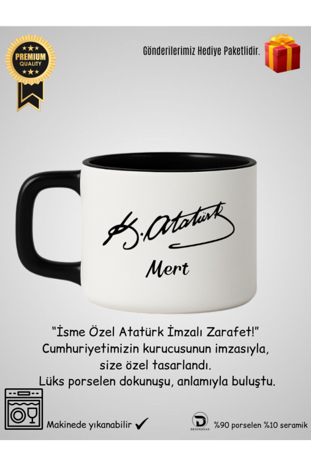 Desinovas Kemal Atatürk İmzalı Lüks Kupa Fincan (Kişiye Özel Tasarlanabilir)