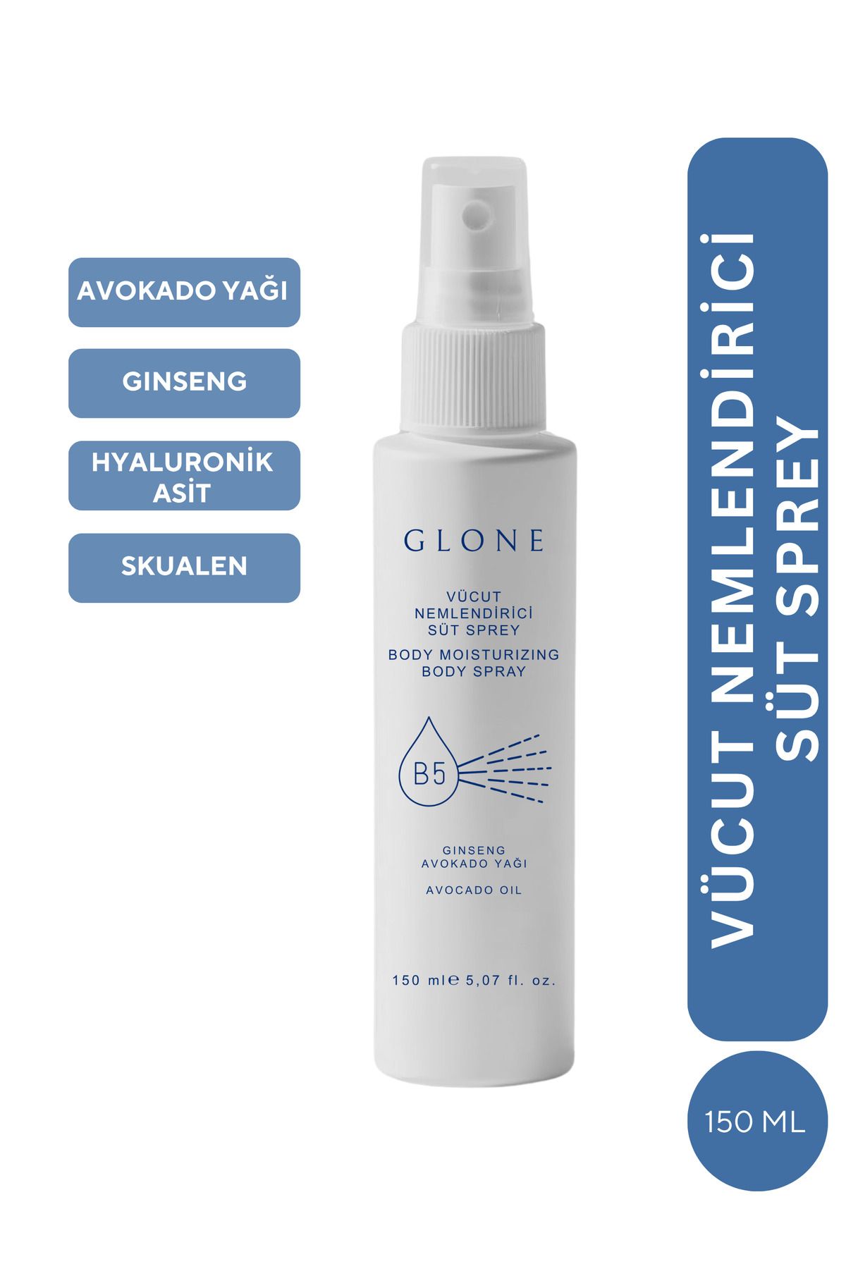 GLONE Vücut Nemlendirici Süt Sprey 150ml | Hyaluronik Asit, Panthenol & Squalane İçeren Yoğun Nemlendirici