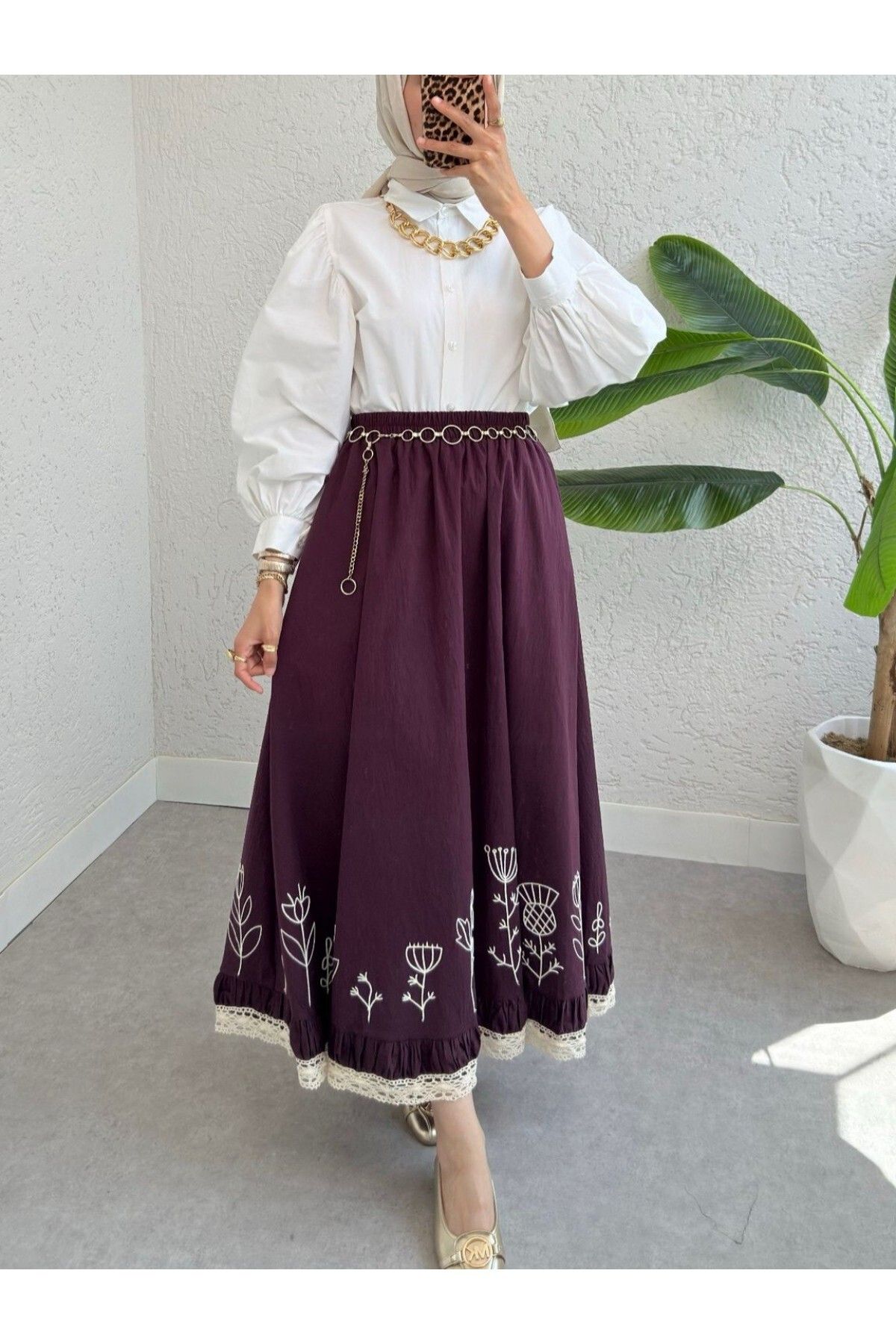 Modamorfo Dantel İşlemeli Beli Lastikli Etek -Mürdüm