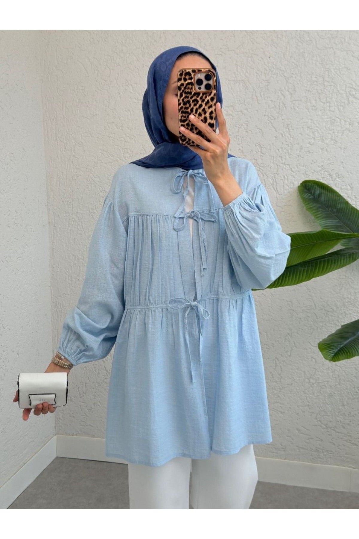 Modamorfo Önü Bağlamalı Kolları Lastikli Gömlek -Bebe Mavi