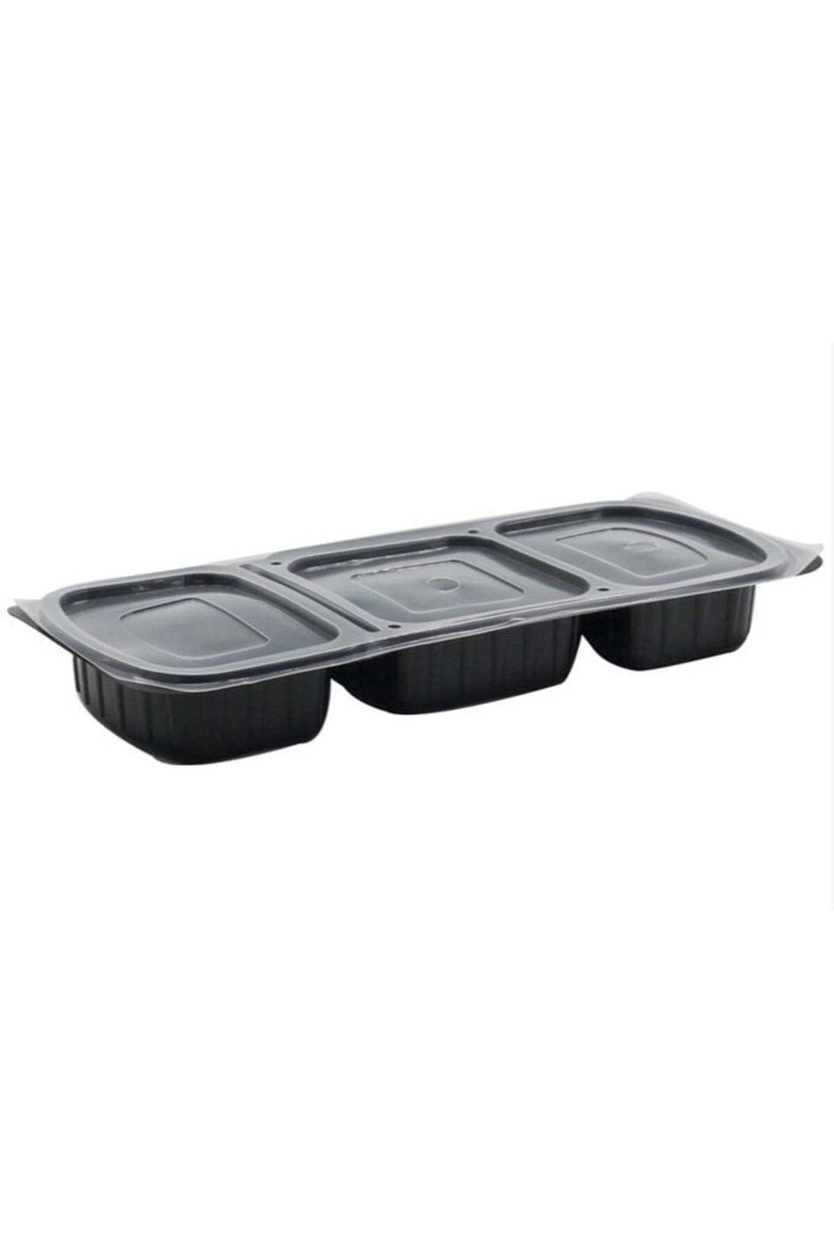 KOLİTÜRK 3 Bölmeli Gıda Yemek Kabı ve Kapak Siyah 50'li Paket