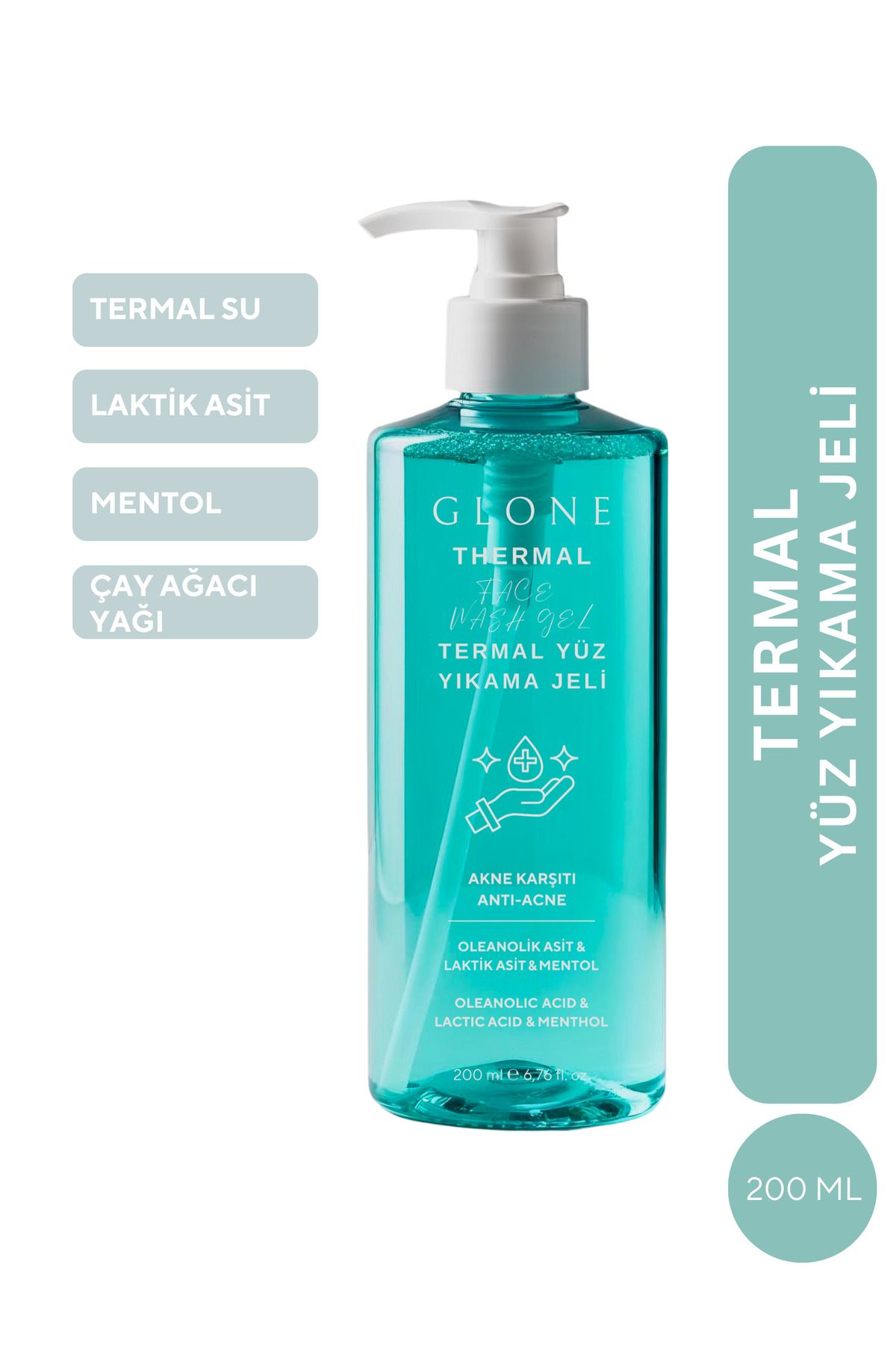 GLONE Termal Yüz Yıkama Jeli 200ml | Laktik Asit, Mentol & Çay Ağacı Yağı İçeren Arındırıcı Jel