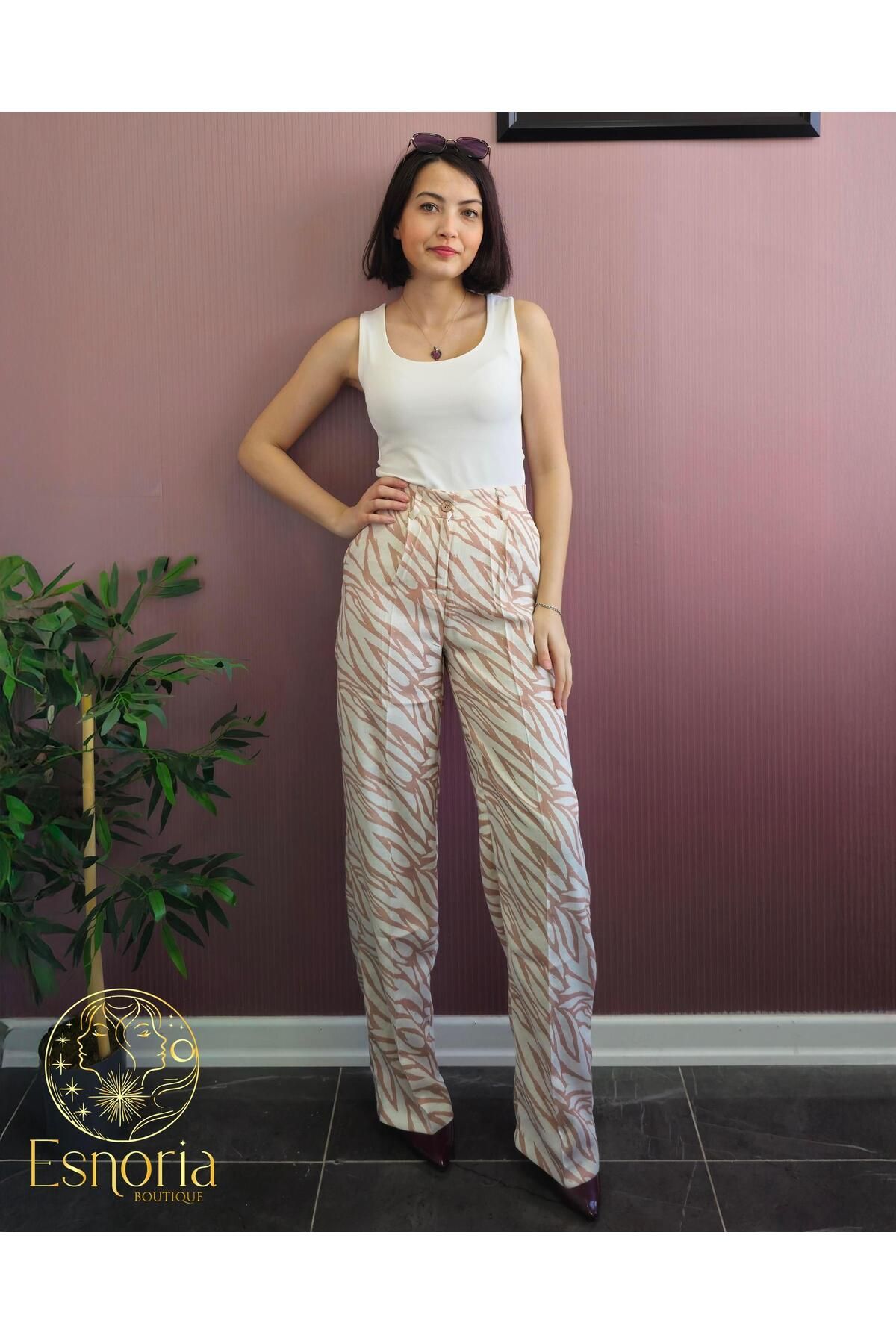 ayriss Kadın Zebra Desenli Keten Görünümlü Pantolon