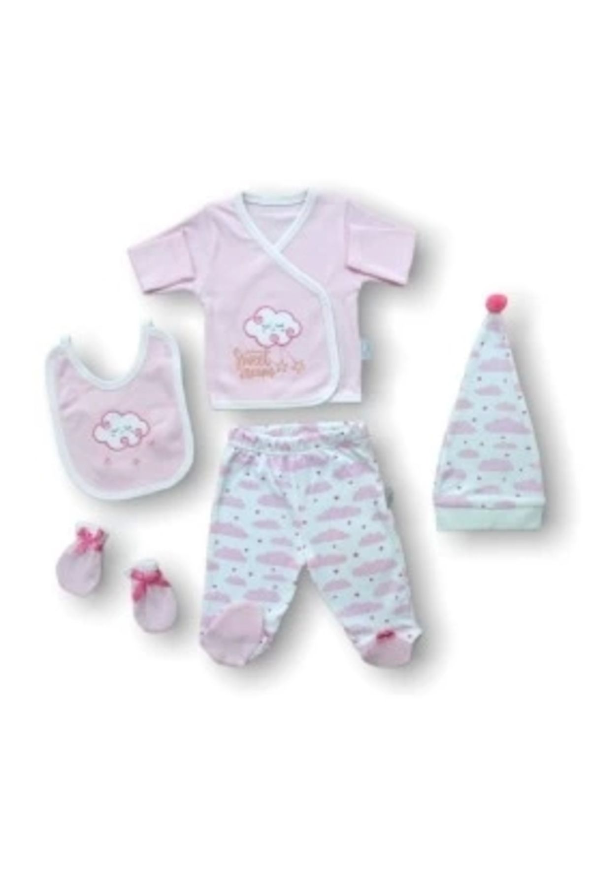 Diji Baby Uykucu Bulut Nakışlı %100 Cotton Antibakteriyel 5li Zıbın Takımı Hastane Çıkışı