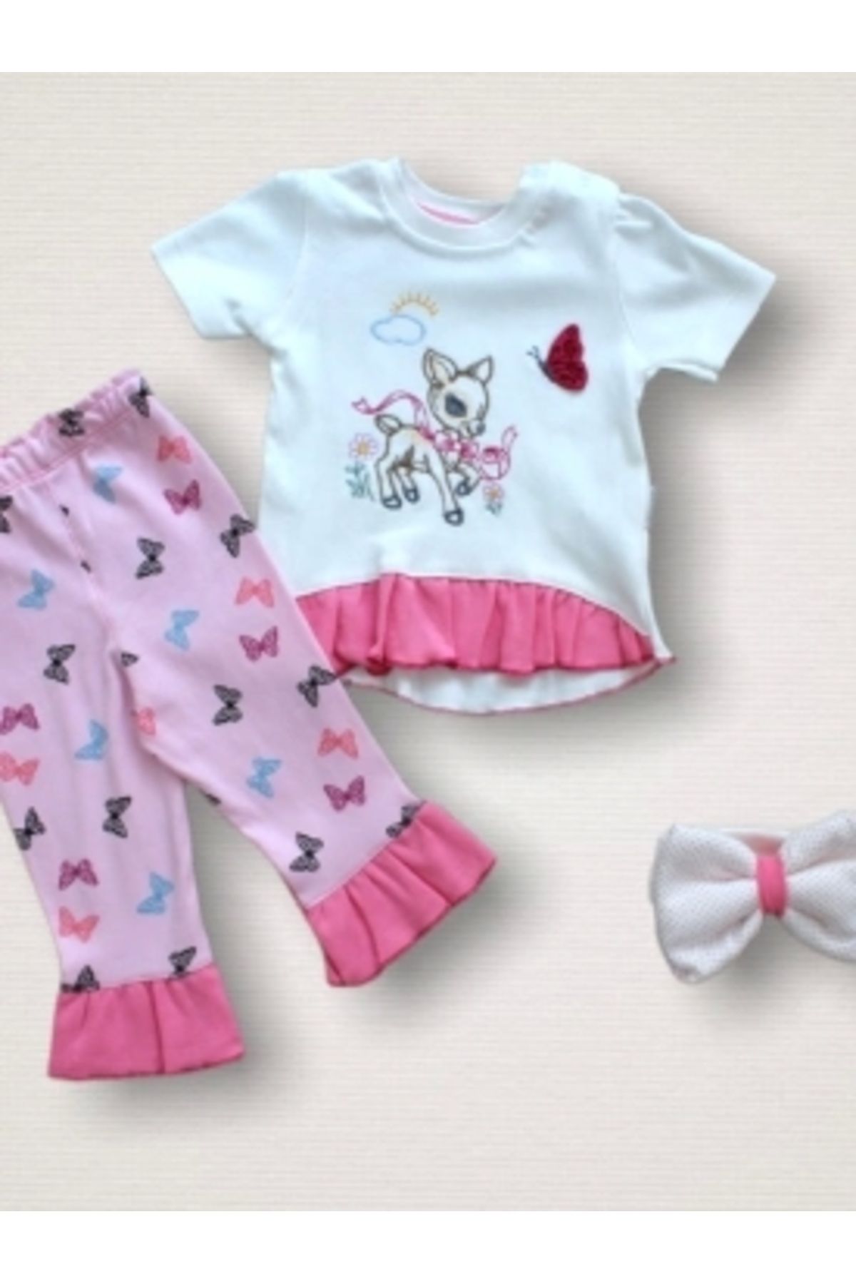 Diji Baby 6-9 9-12 12-18 Ay Ceylanın Rüyası Baskılı Bandanalı Kısa Kollu Sweat 3lü Kız Bebek Takımı