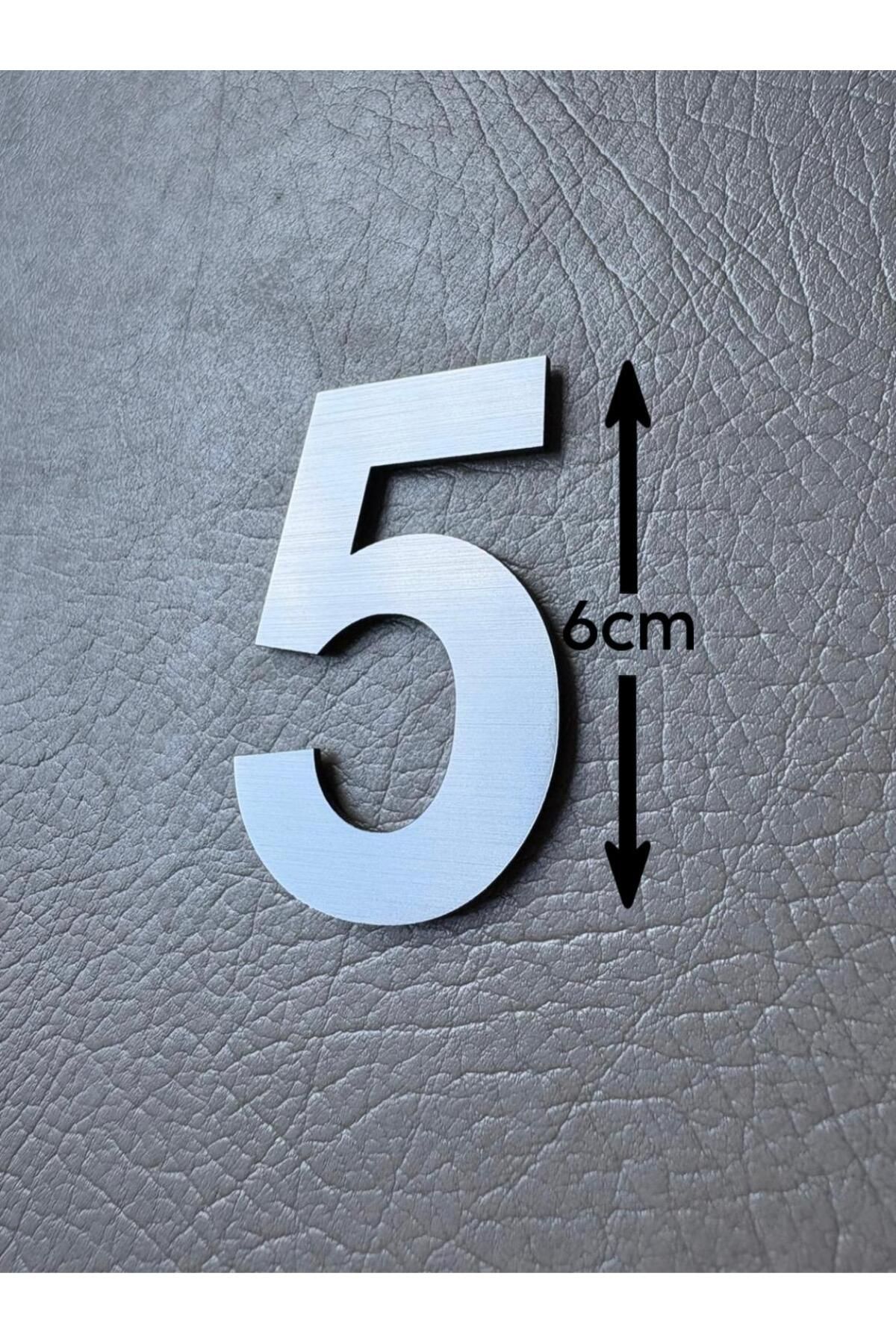 SE-Dizayn Kapı Numarası 6 CM No. 5 Daire Masa Dolap Numarası Fırcalı Gümüş Kendinden Yapışkanlı