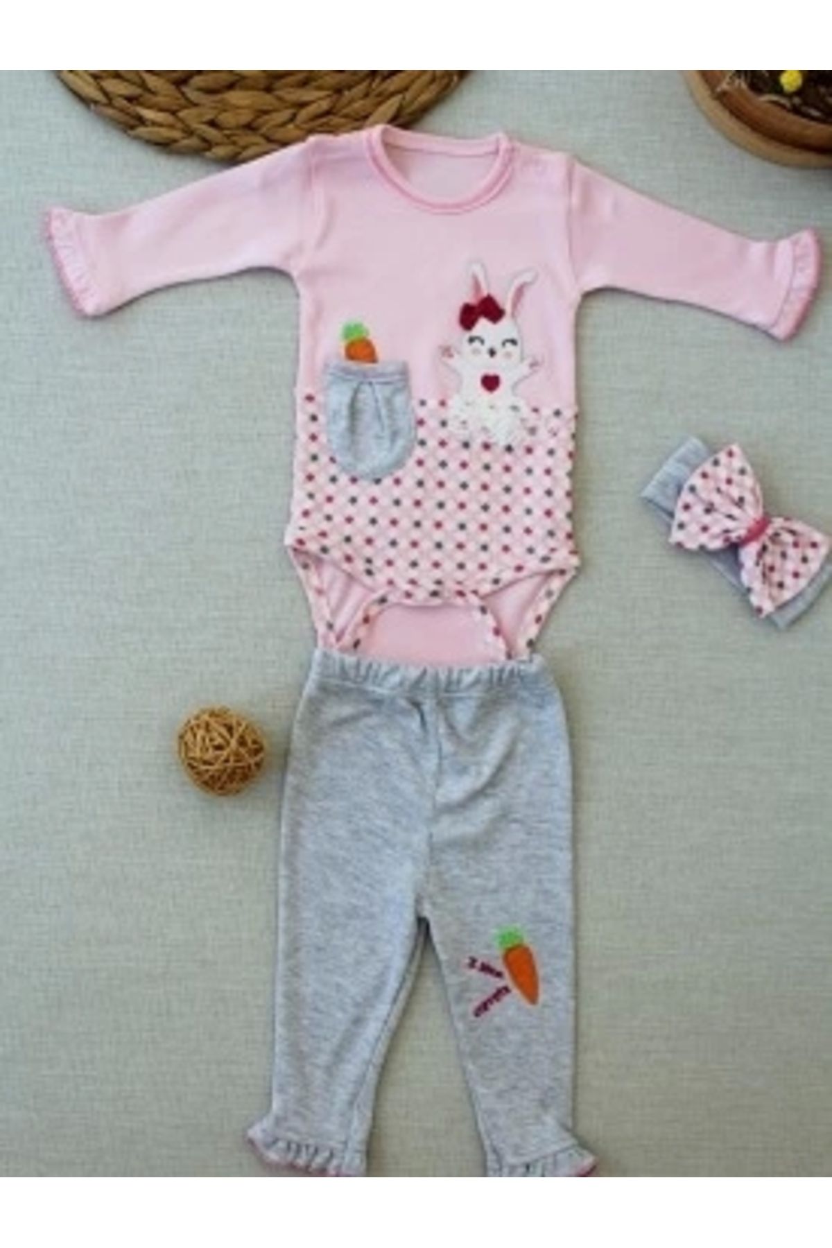 Diji Baby 3-6 9-12 12-18 Ay Havuç Tavşan Nakışlı Bandanalı Uzun Kollu Zıbınlı 3lü Kız Bebek Tak