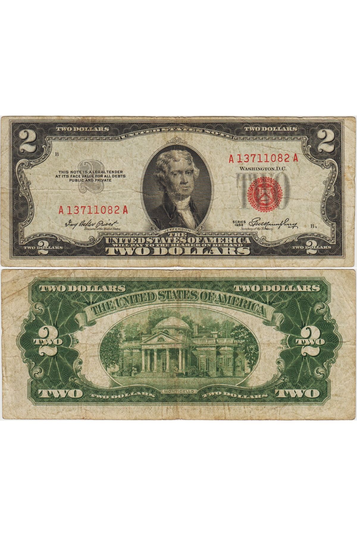 Banknoting AMERİKA BİRLEŞİK DEVLETLERİ 2 DOLAR 1953 A KIRMIZI MÜHÜR. TEMİZ KONDİSYON.