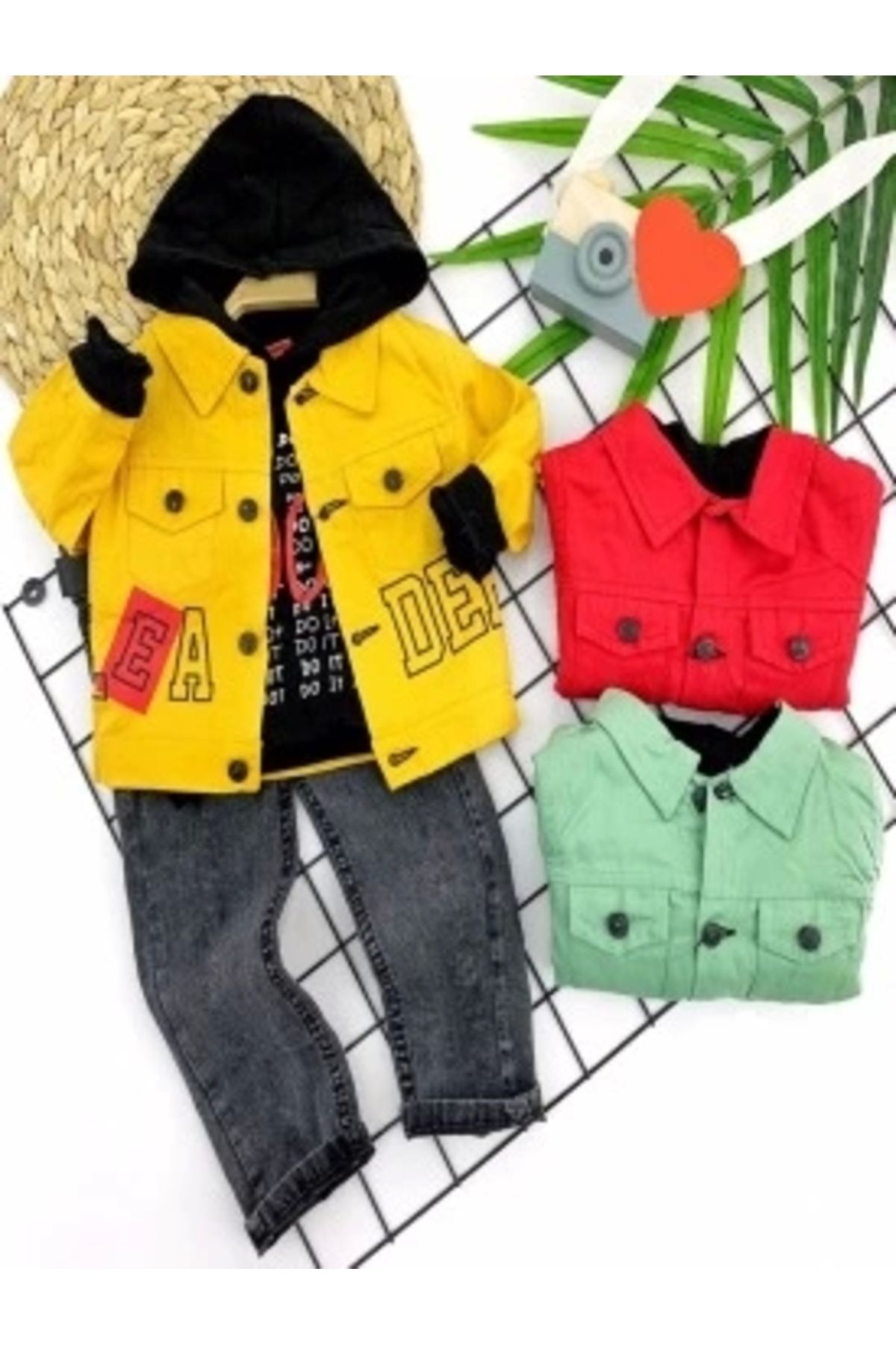 Diji Baby 2-3-4-5 Yaş Pantolonlu Sweat Gabardin Ceket Cepli Kot Pantolon 3lü Erkek Bebek Takımı