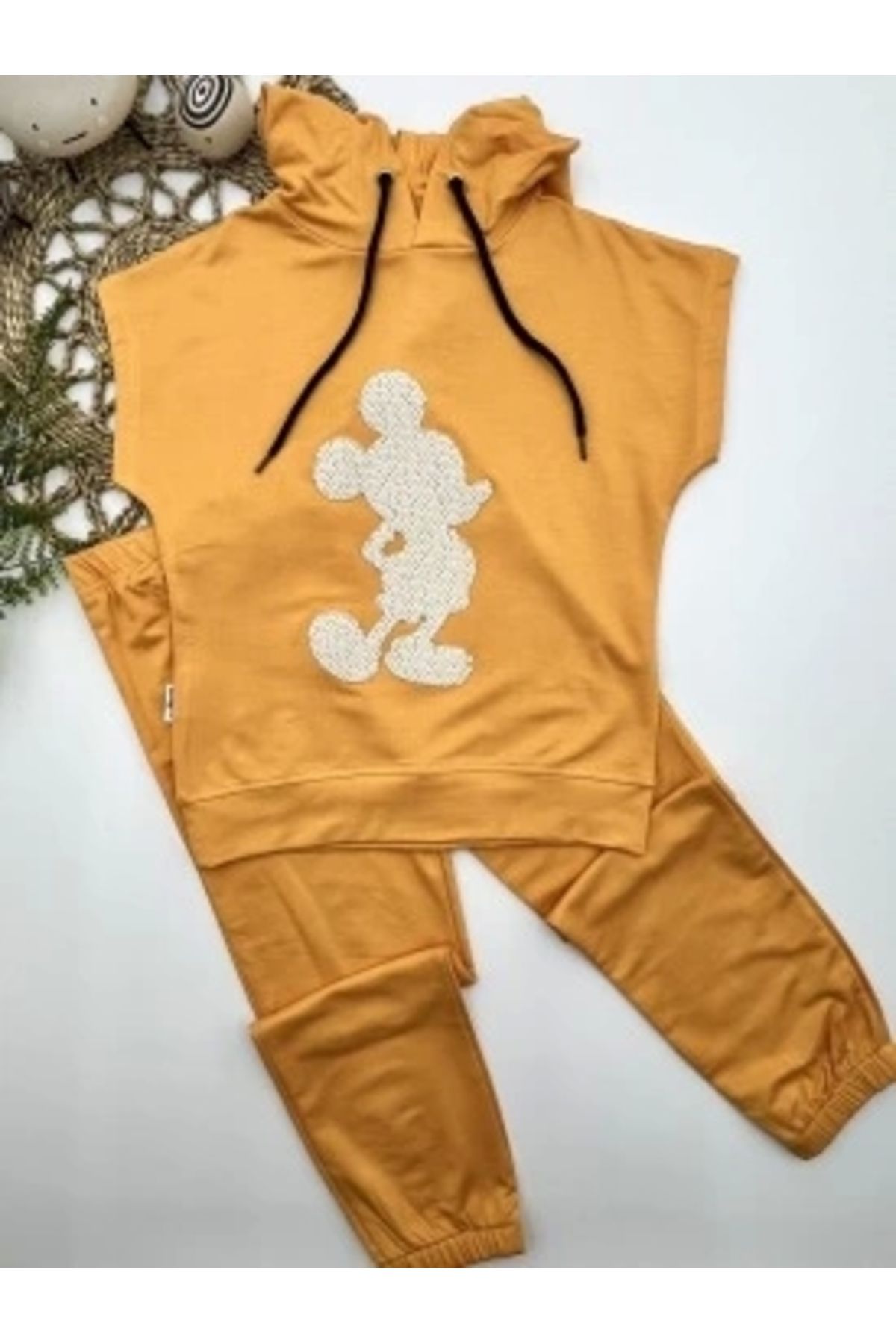 Diji Baby 3-4-5 Yaş Kapşonlu Payetli Mickey Desenli Kısa Kol 2li Kız Erkek Çocuk Takımı