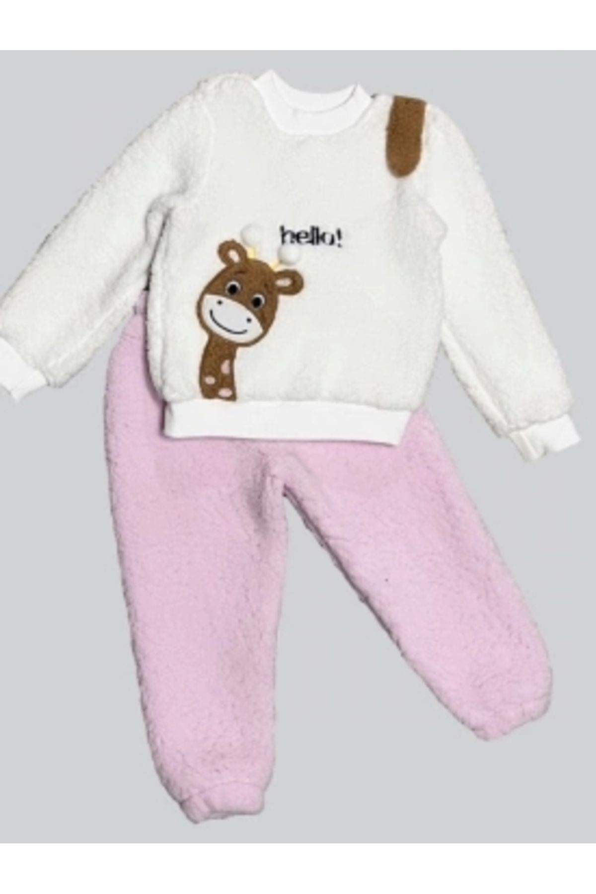 Diji Baby 1-2-3 Yaş Hello Zürafa Nakışlı Kuzu Kumaş Sweat Pantolon Uzun Kollu Kız Erkek 2 Li Takımı