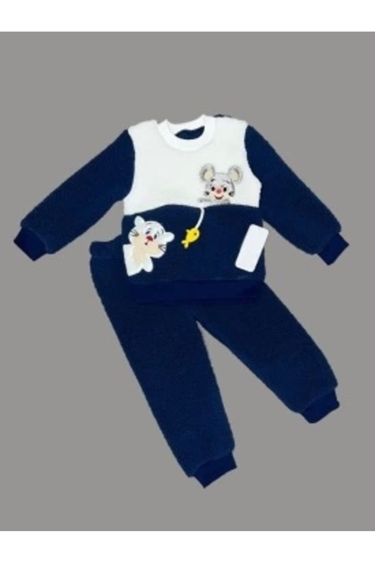 Diji Baby 1-2-3 Yaş Sallanan Balık Nakışlı Kuzu Kumaş Sweat Pantolon Uzun Kollu Kız Erkek 2 Li Takımı