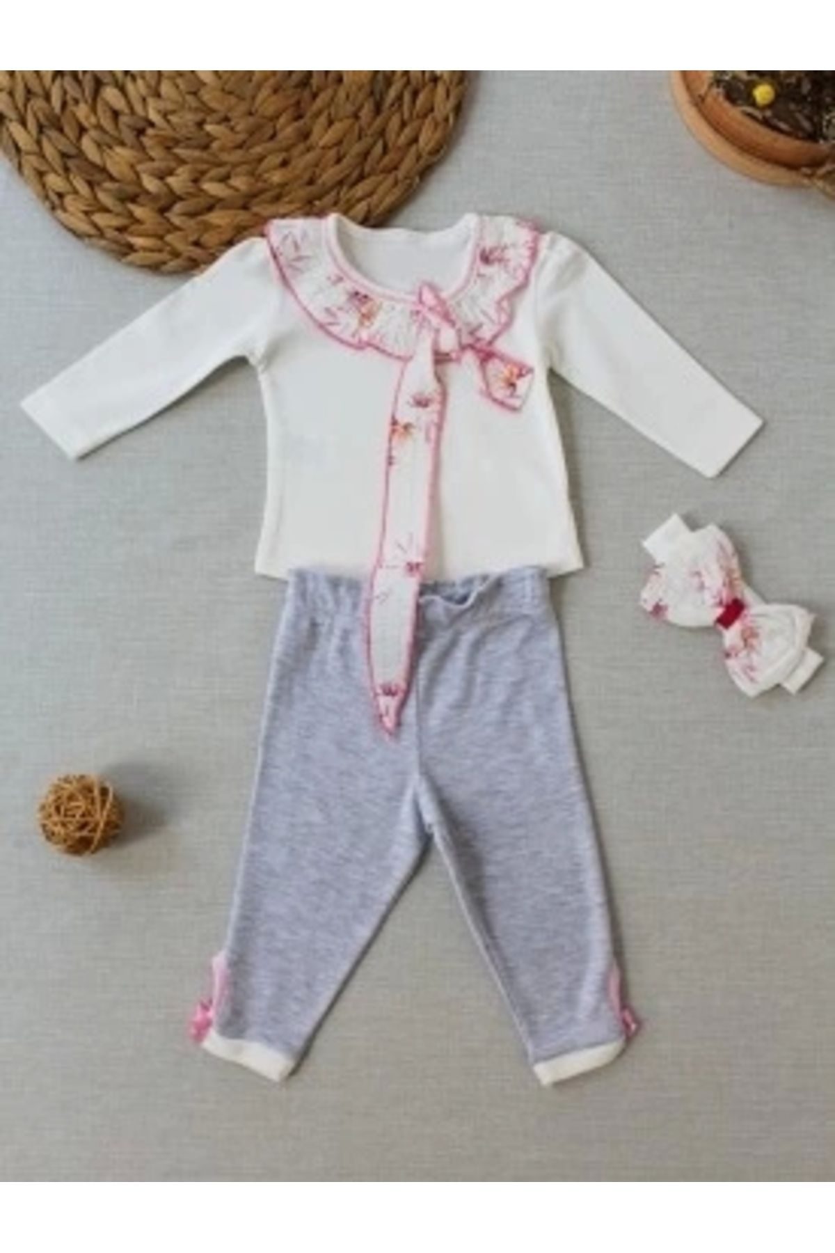 Diji Baby 3-6 6-9 9-12 Ay Matmazel Yaka Fırfır Detaylı Bandanalı Uzun Kollu Sweat 3lü Kız Bebek Takımı