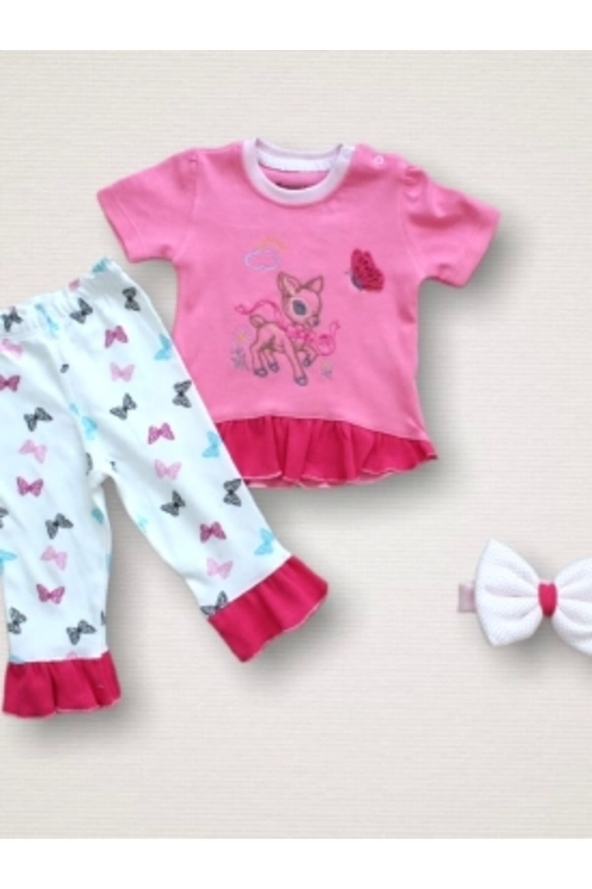 Diji Baby 6-9 9-12 12-18 Ay Ceylanın Rüyası Baskılı Bandanalı Kısa Kollu Sweat 3lü Kız Bebek Takımı