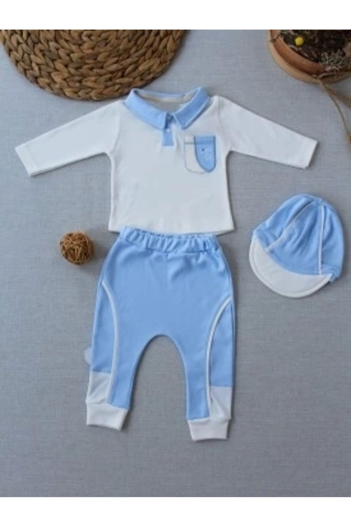 Diji Baby 3-6 6-9 9-12 Ay Efendi Nakışlı Cep Şapkalı Uzun Kollu Sweat 3lü Erkek Bebek Takımı