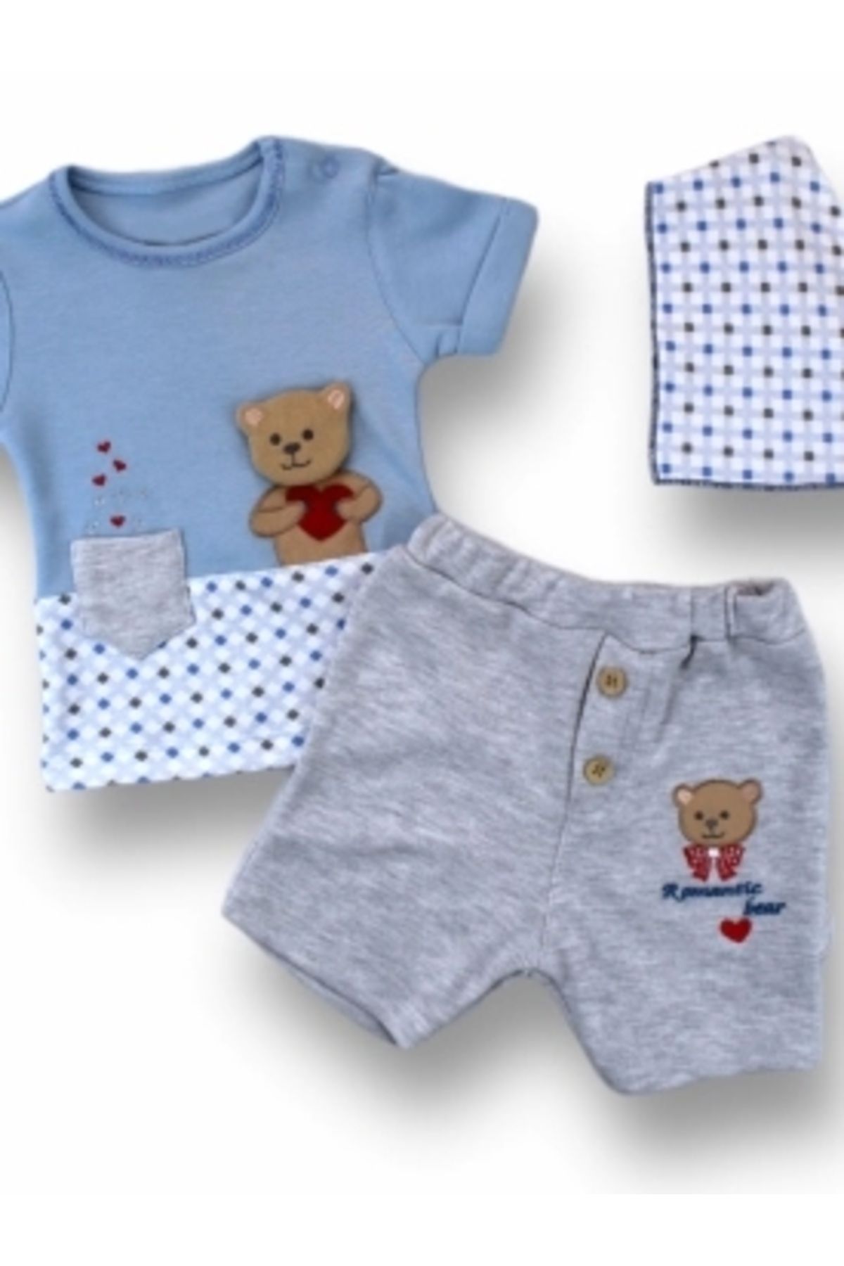Diji Baby 3-6 6-9 9-12 12-18 Ay Romantik Ayıcık Nakışlı Bandajlı Kısa Kollu Sweatli 3lü Kız-erkek Bebek Takımı