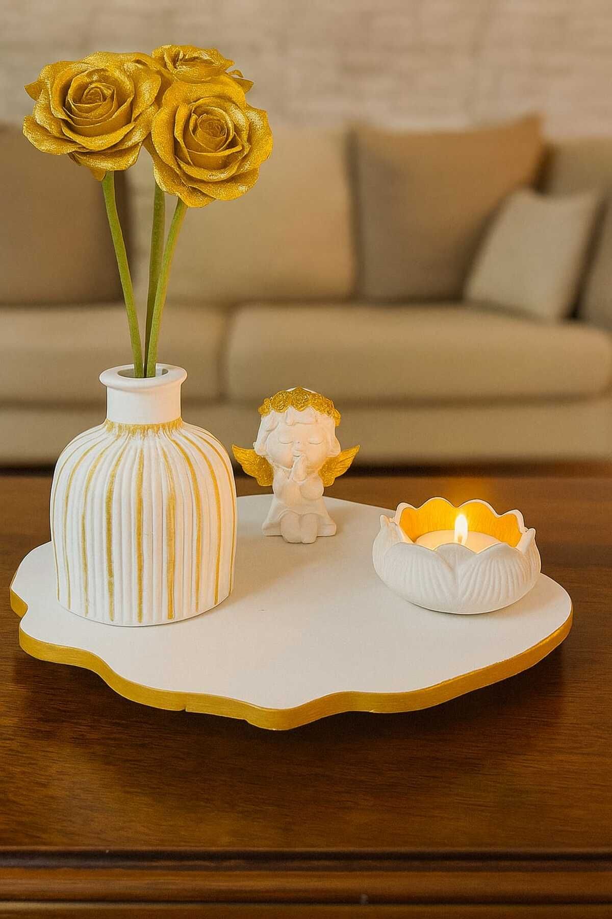 LİNETZA ALTIN DESENLİ EFSANE SET , 1 ADET VAZO , 1 ADET LOTUS MUMLUK ,1 ADET KANATLI MELEK , 1 ADET SUNUMLUK
