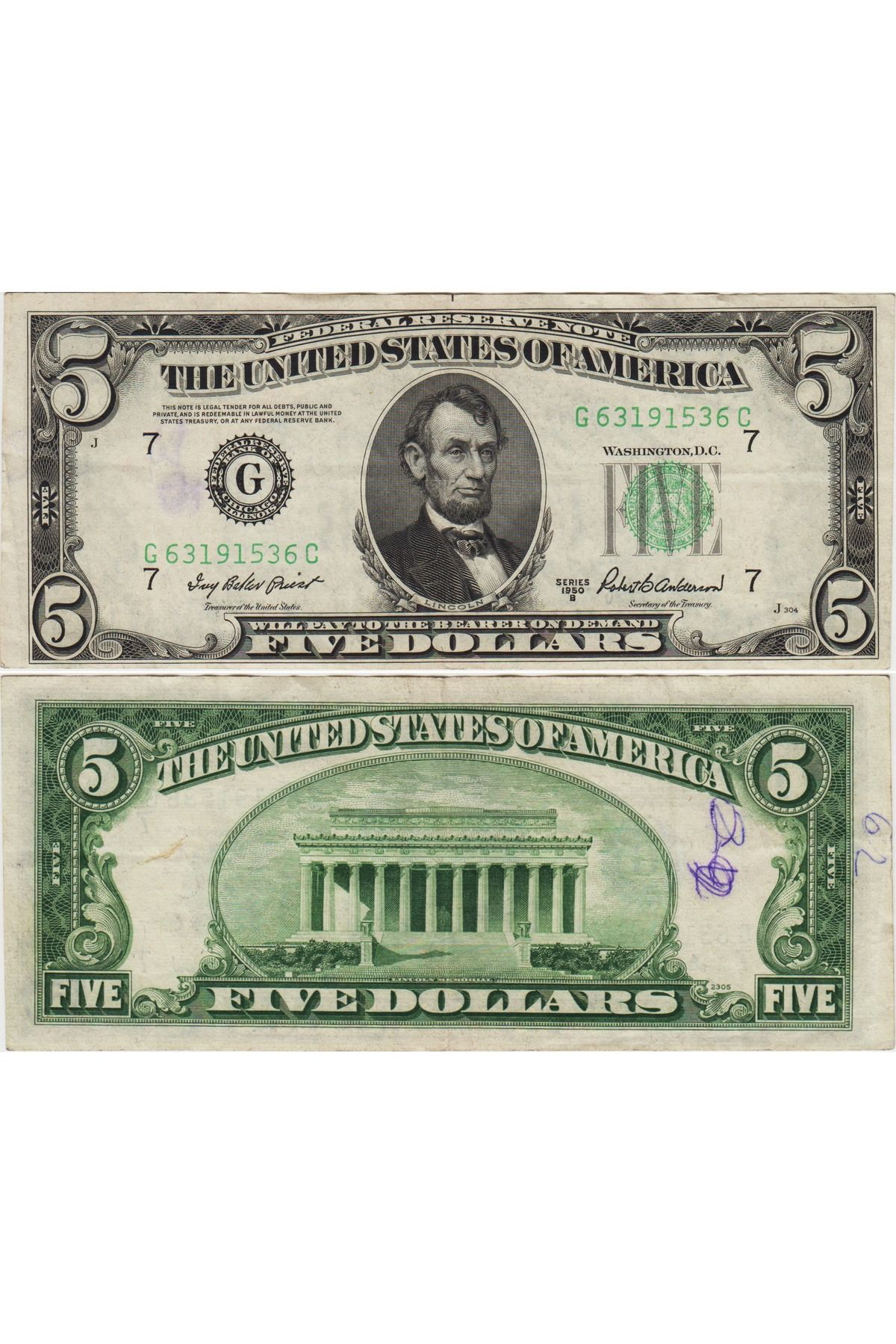 Banknoting AMERİKA BİRLEŞİK DEVLETLERİ 5 DOLAR 1950 G CHICAGO. ARKA YÜZDE YAZI ÇOK TEMİZ+ KONDİSYON.